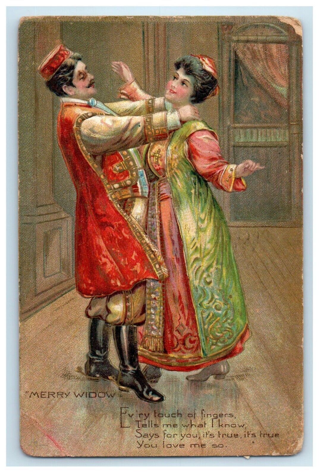 1906 Merry Widow Girl Boy Royalty Dancing Embossed Posted Antique Postcard