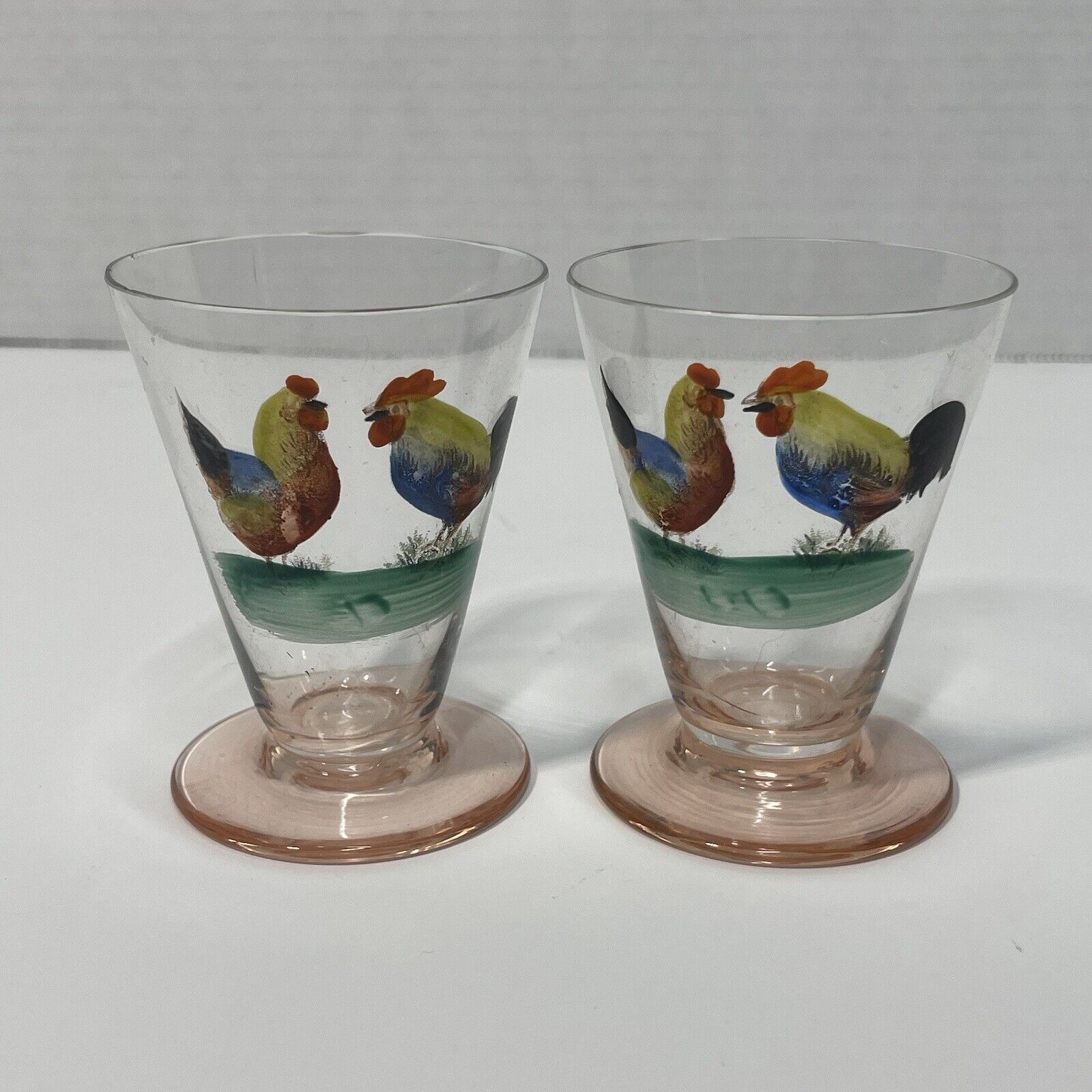 Vintage Pair Hand-Painted Rooster Shot Glasses. Unique Barware. Good Condition.