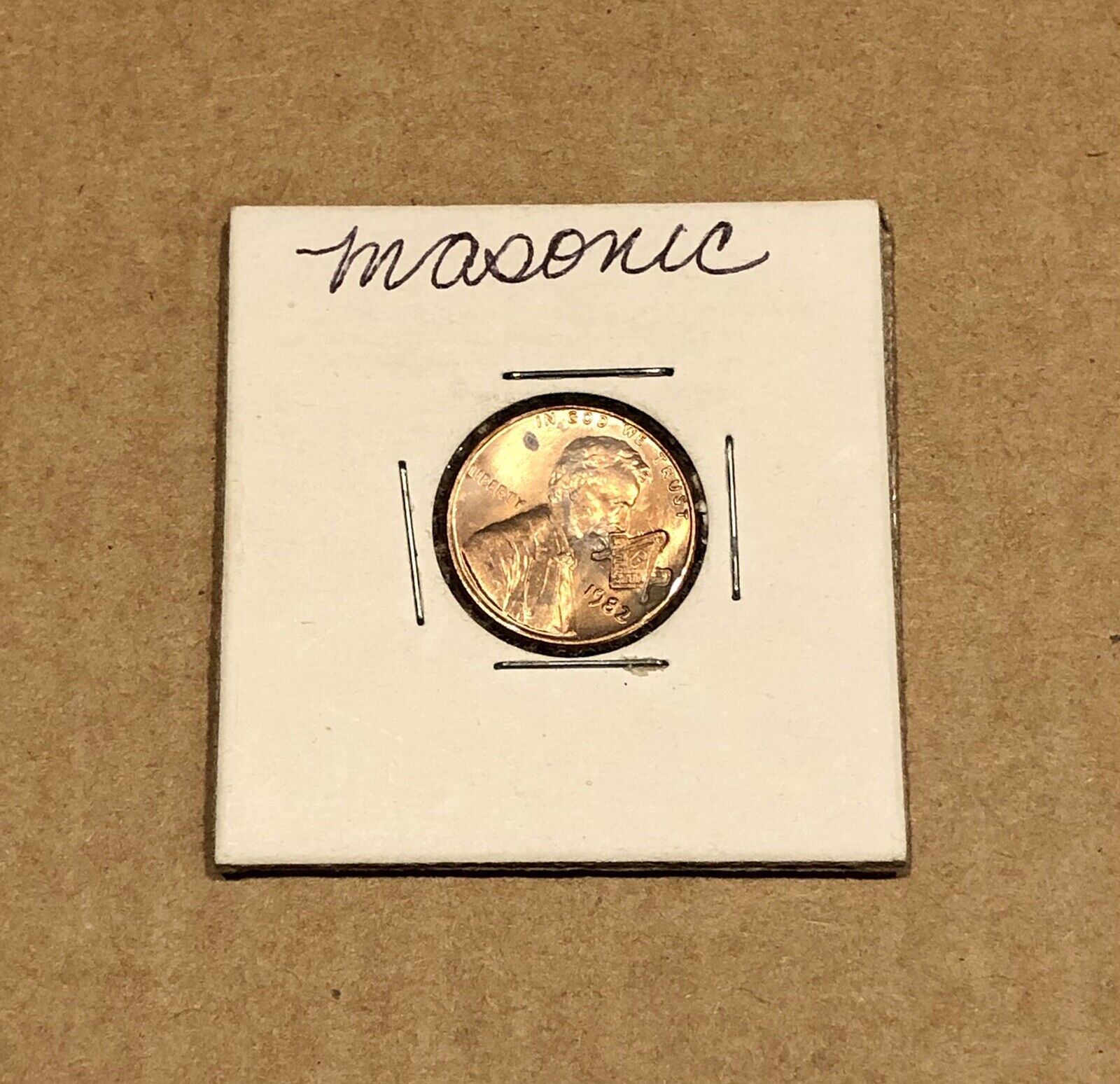 Masonic Freemason Compass & Square Stamped on 1982 Lincoln Penny *FREE SHIPPING*