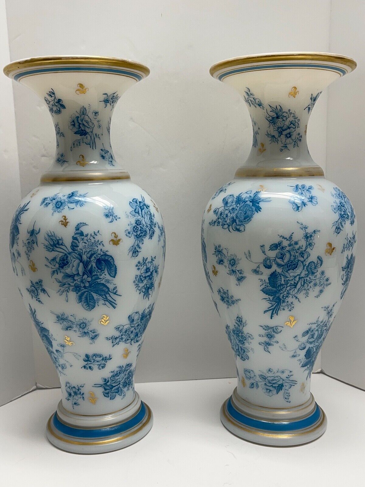 LARGE PAIR ANTIQUE BACCARAT FRENCH WHITE OPALINE VASES WITH PAINTED BLUE FLOWERS