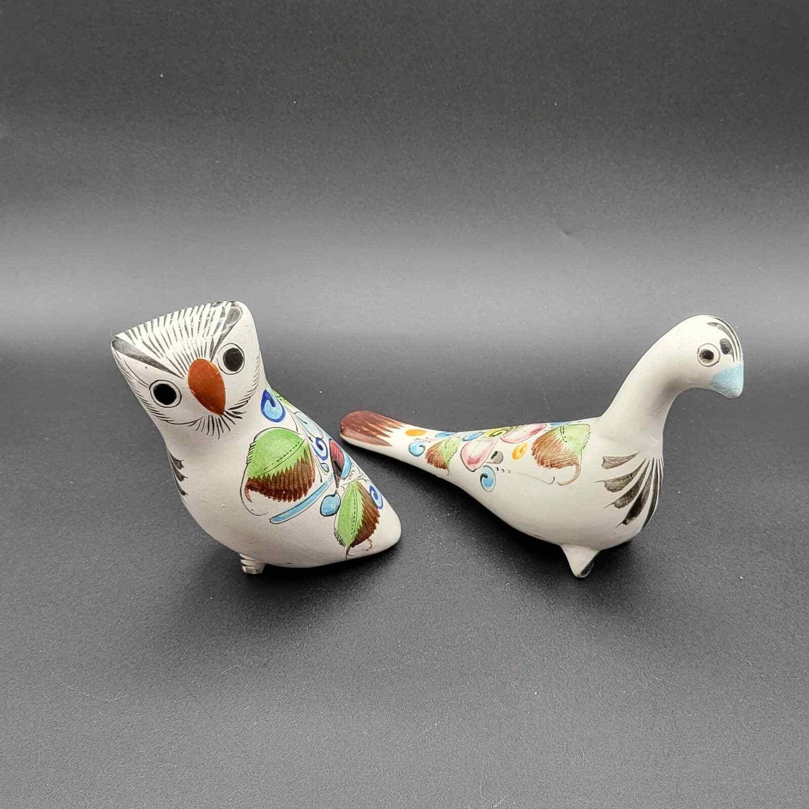 Tonala Clay Owl And Pigeon Hand Painted Set Of 2 Folk Art Mexico Hand Thrown 
