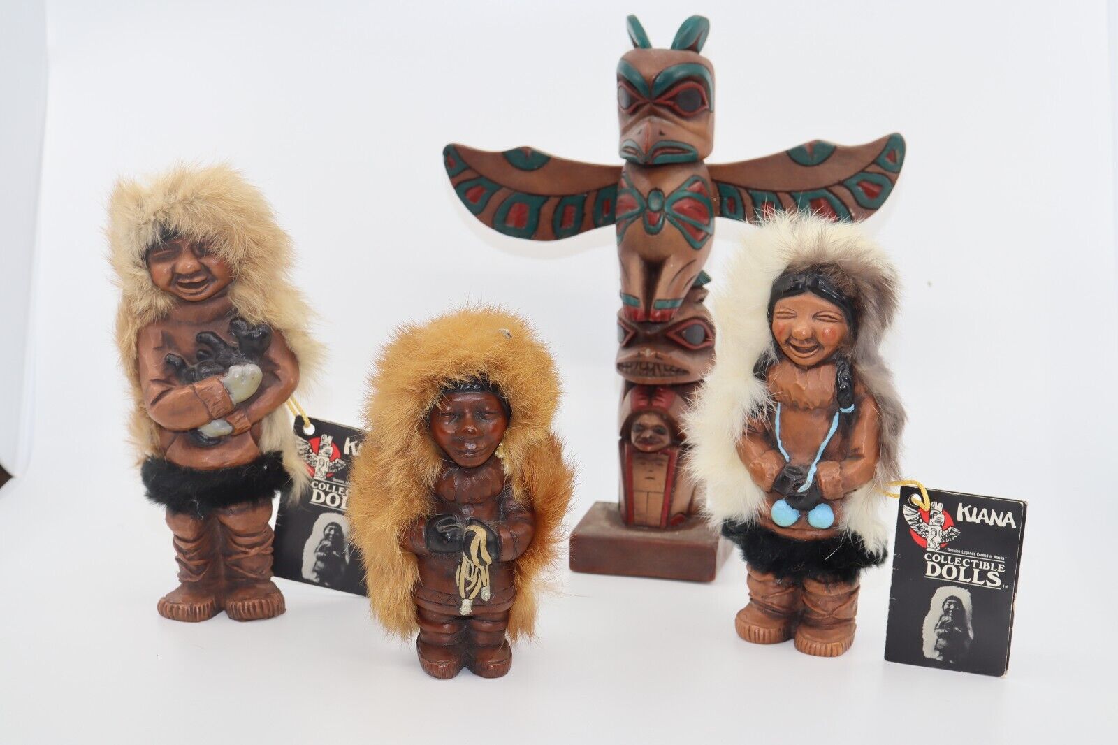 Vintage 3 Alaskan Eskimo Nuni Naber Figurine Dolls Wood Resin Fur & Totem Tags