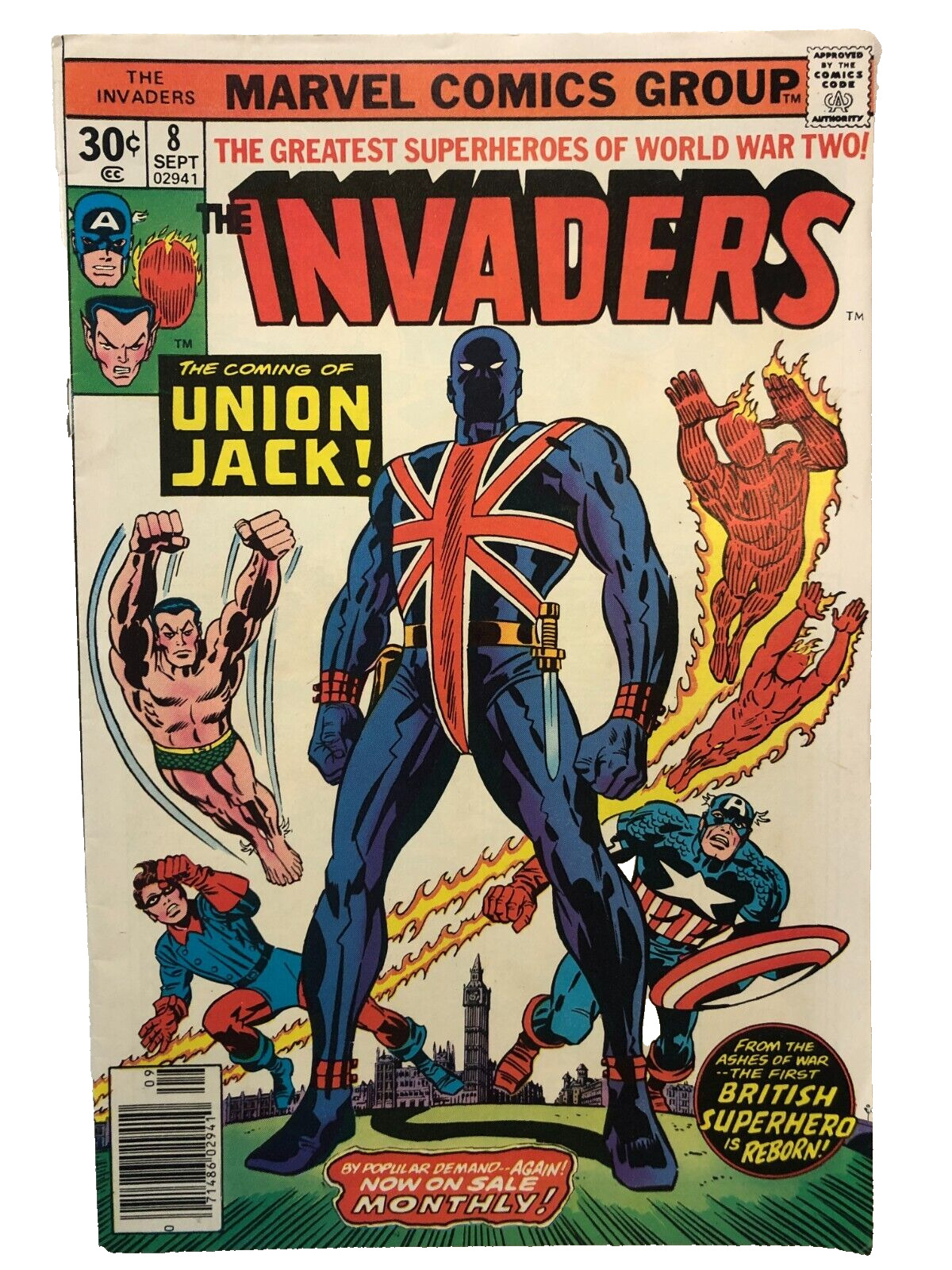 Invaders 8 September 1976 Union Jack Joins Invaders Marvel Very Nice Condition