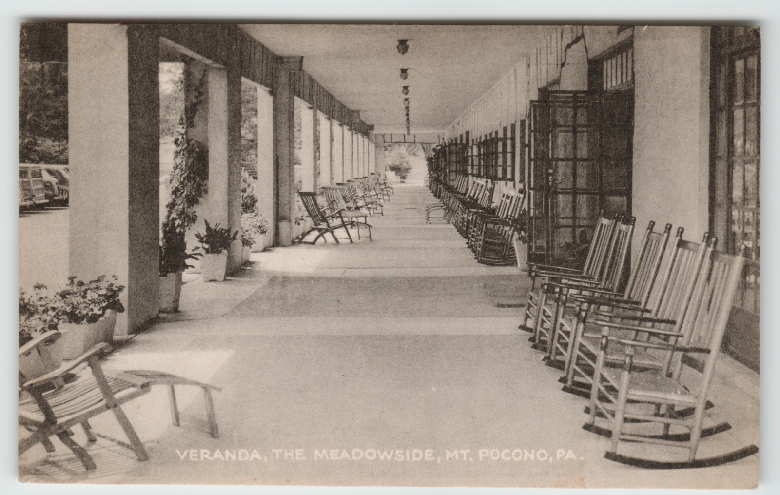 Postcard The Mountainside Hotel Veranda Mt. Pocono, PA Many old Rocking Chairs