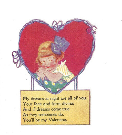 c.1920s Valentines Day Cute Girl Heart Poem Die Cut Greeting Card