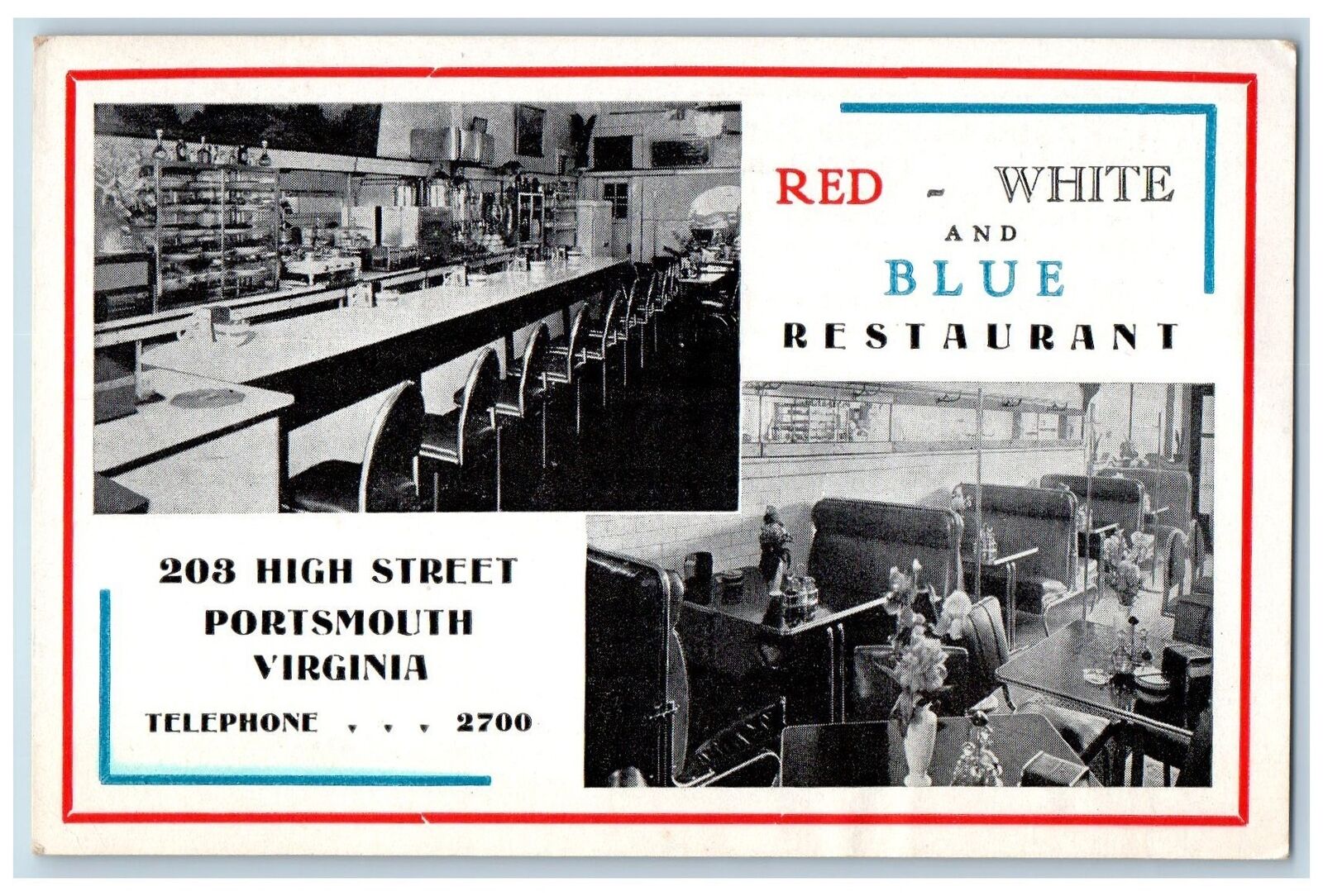 Portsmouth Virginia VA Postcard Red White And Blue Restaurant c1960\'s Vintage 