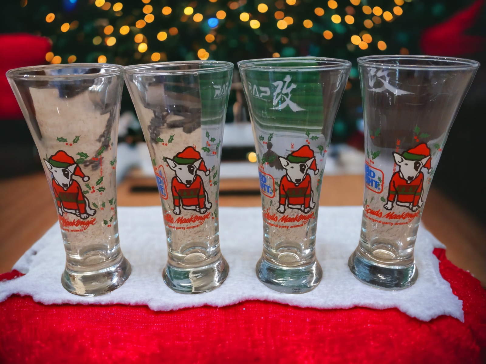 Set of 4 Vintage 1987 Spuds Mackenzie Bud Light Christmas Pilsner Beer Glasses