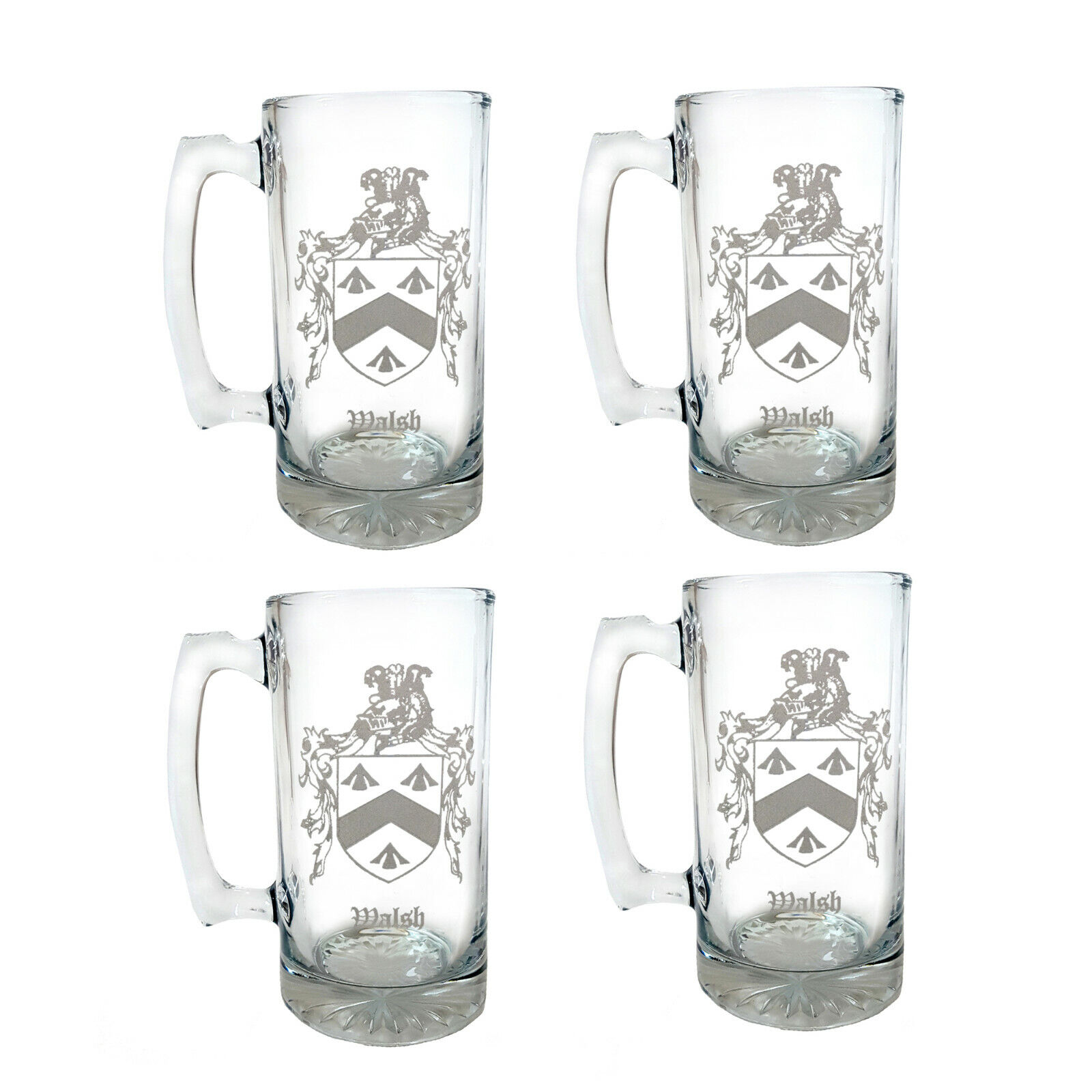 Custom Family Crest Glass Stein Set of 4, Engraved Coat of Arms Beer Mug