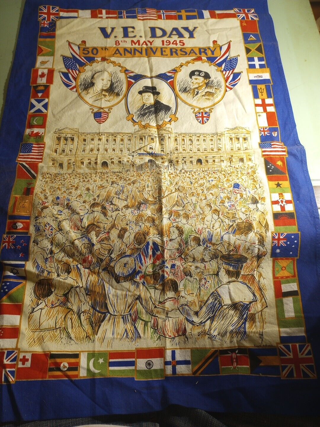 Vintage VE Day 50th Anniversary tea towel by Clive Mayor. 100% cotton