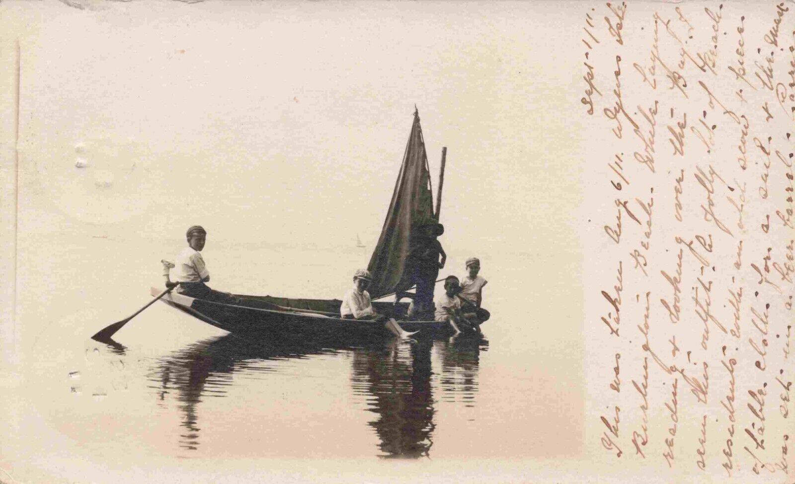 5 Boys Paddle Boat Weyers Lake Burlington Beach C1910'S Rppc Photo Postcard 1911