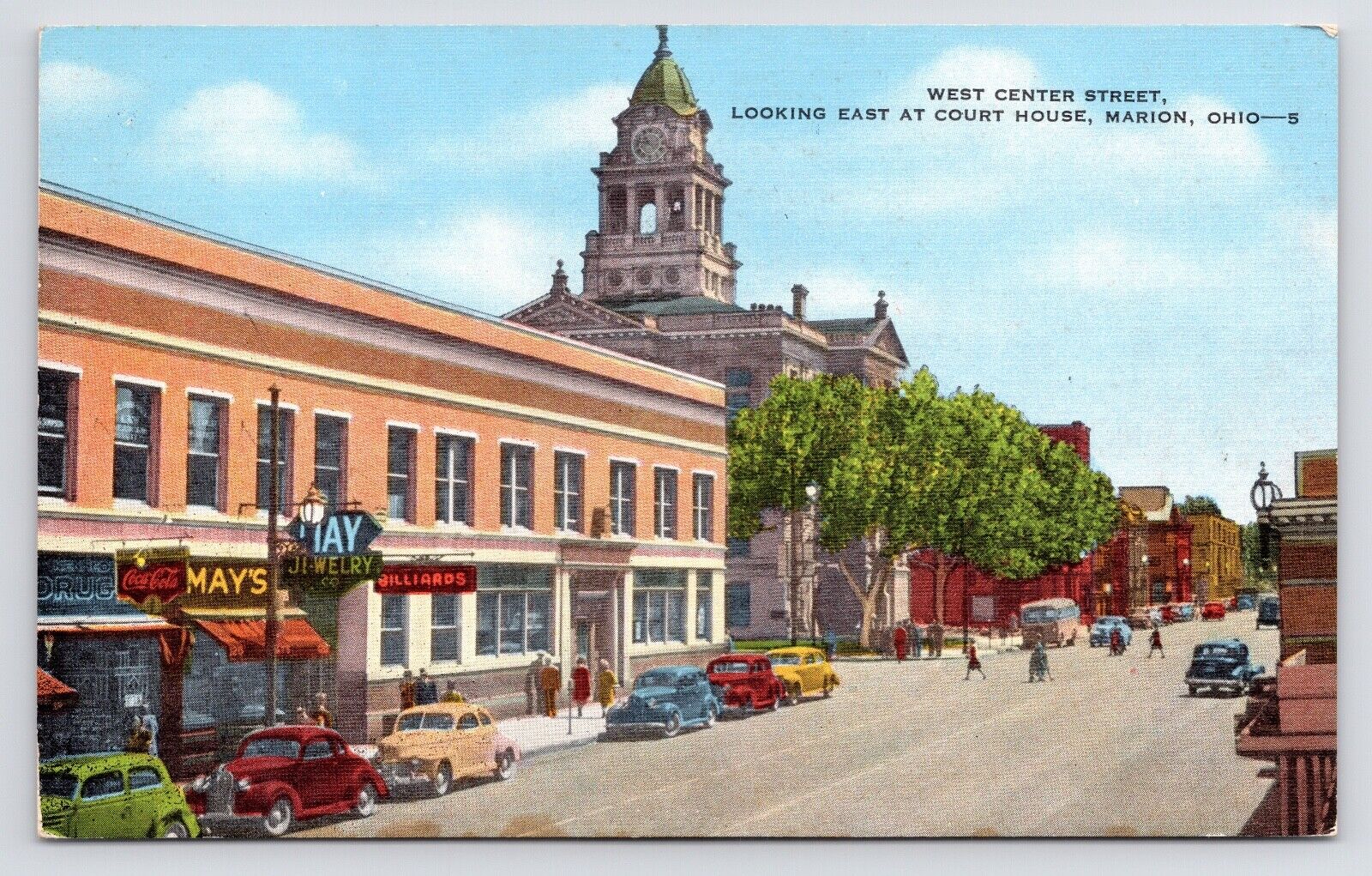 c1930s West Center Street Looking East Stores Downtown Marion Ohio OH Postcard