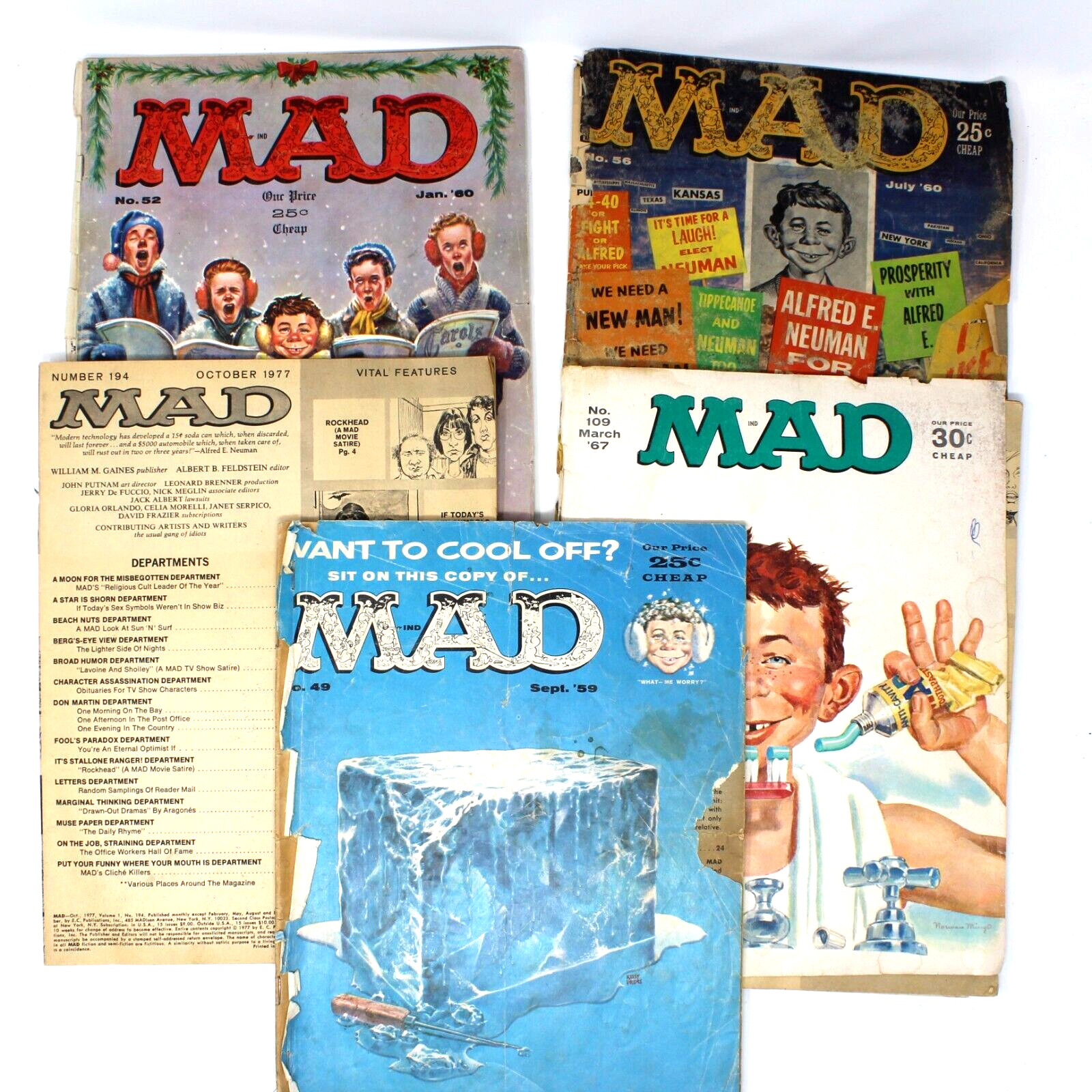 Lot of 5 Vintage MAD Humor/Satire Magazine Issues #49 #52 #56 #109 #194