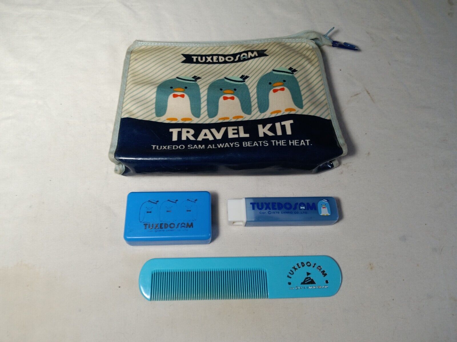 Vintage Sanrio 80\'s Tuxedo Sam Travel Kit Soap Toothbrush Comb Case