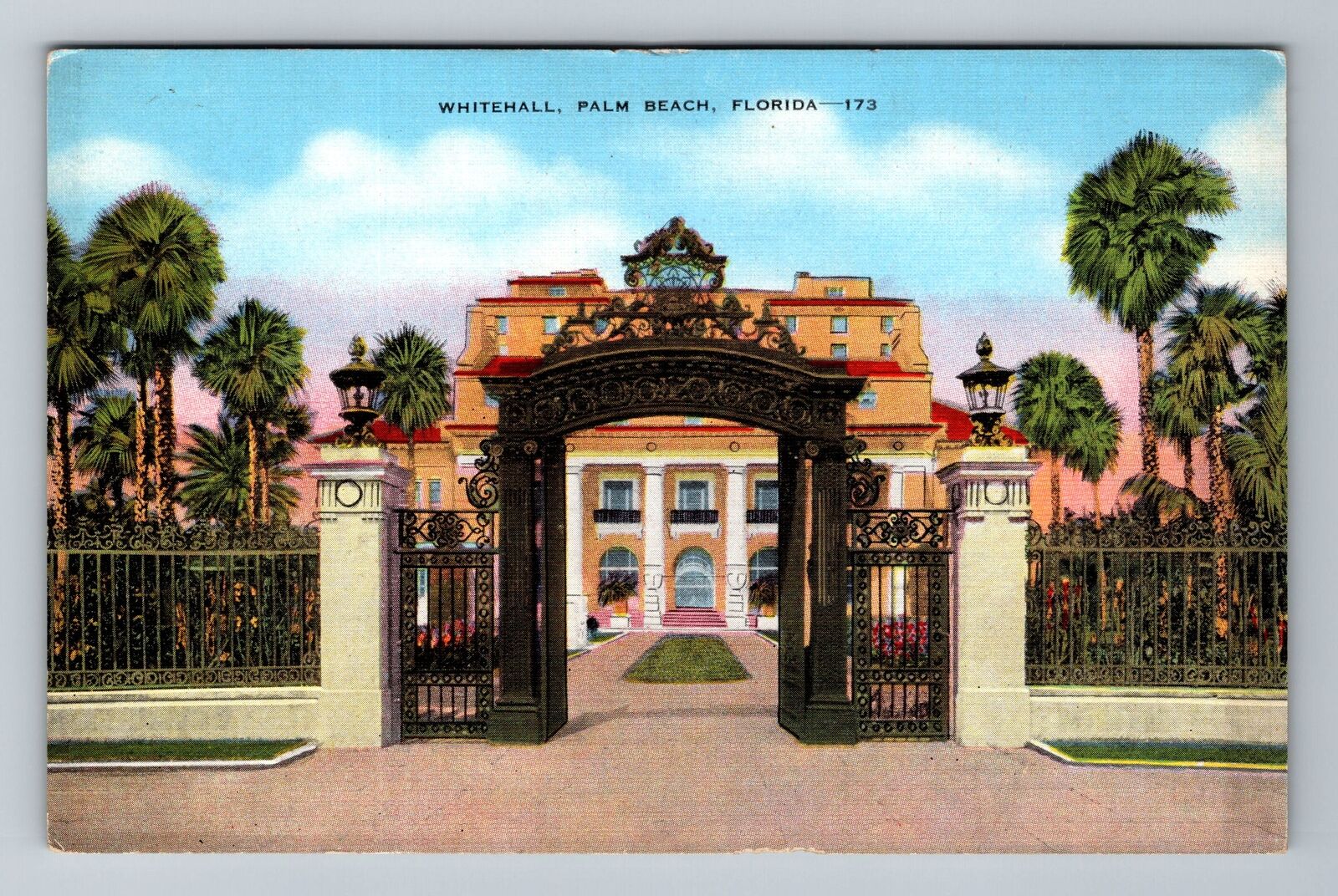 Palm Beach, FL-Florida, The Whitehall Hotel Entrance Gate Vintage Postcard