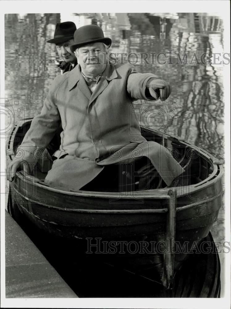 1985 Press Photo Peter Ustinov, Jonathan Cecil in Agatha Christie's 13 at Dinner
