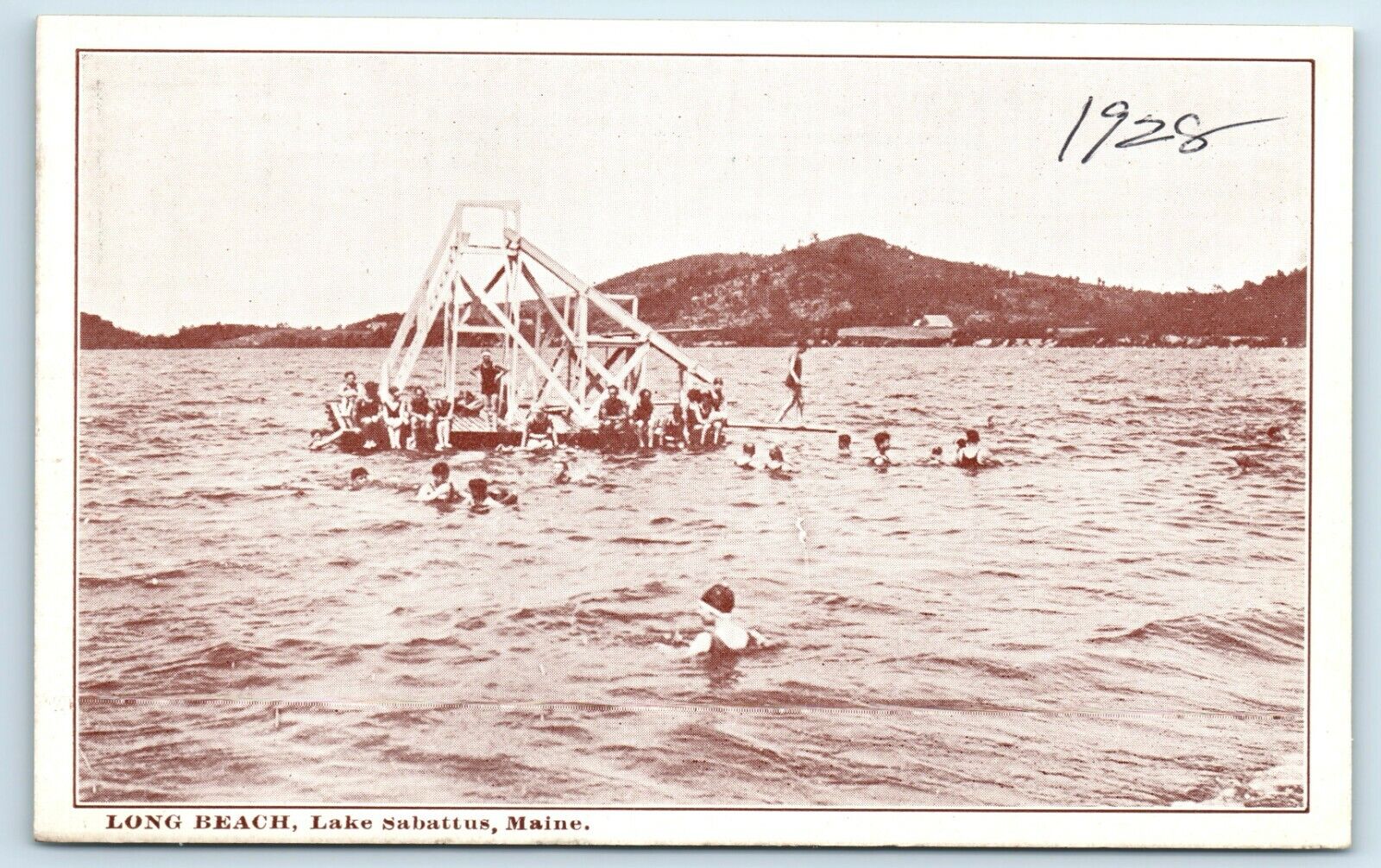 Postcard Long Beach, Lake Sabattus ME Maine diving rafts A147