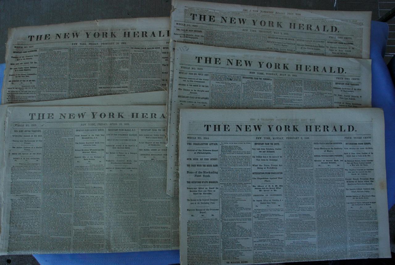 5 Rare Original Complete Civil War New York Herald Newspapers - 1862-1863