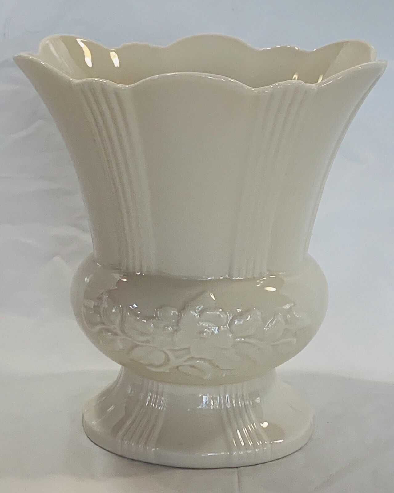 Early Lenox Oval Fluted Vase Green Makers Mark Lenox Seal MINT Dogwood Embossed