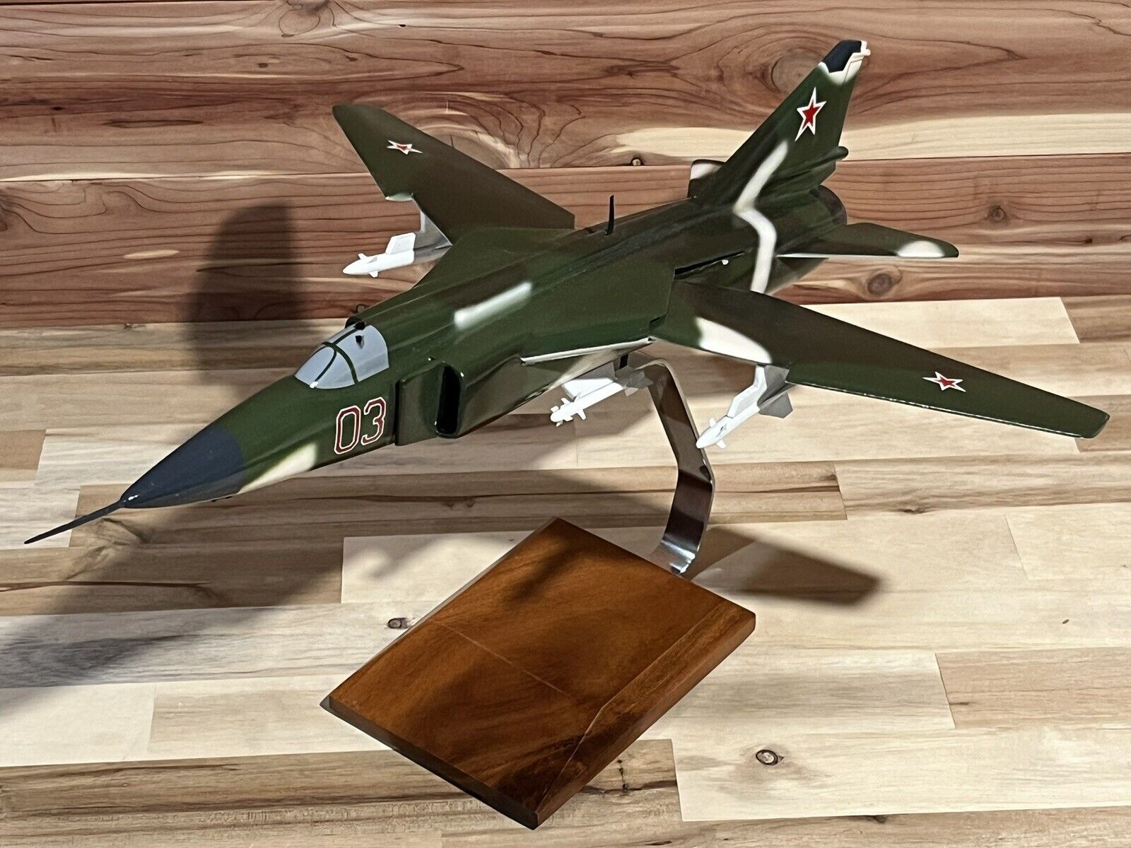 Hand Crafted Mahogany Wood MiG 23 With Movable Wings 18” Table Top Model NEW