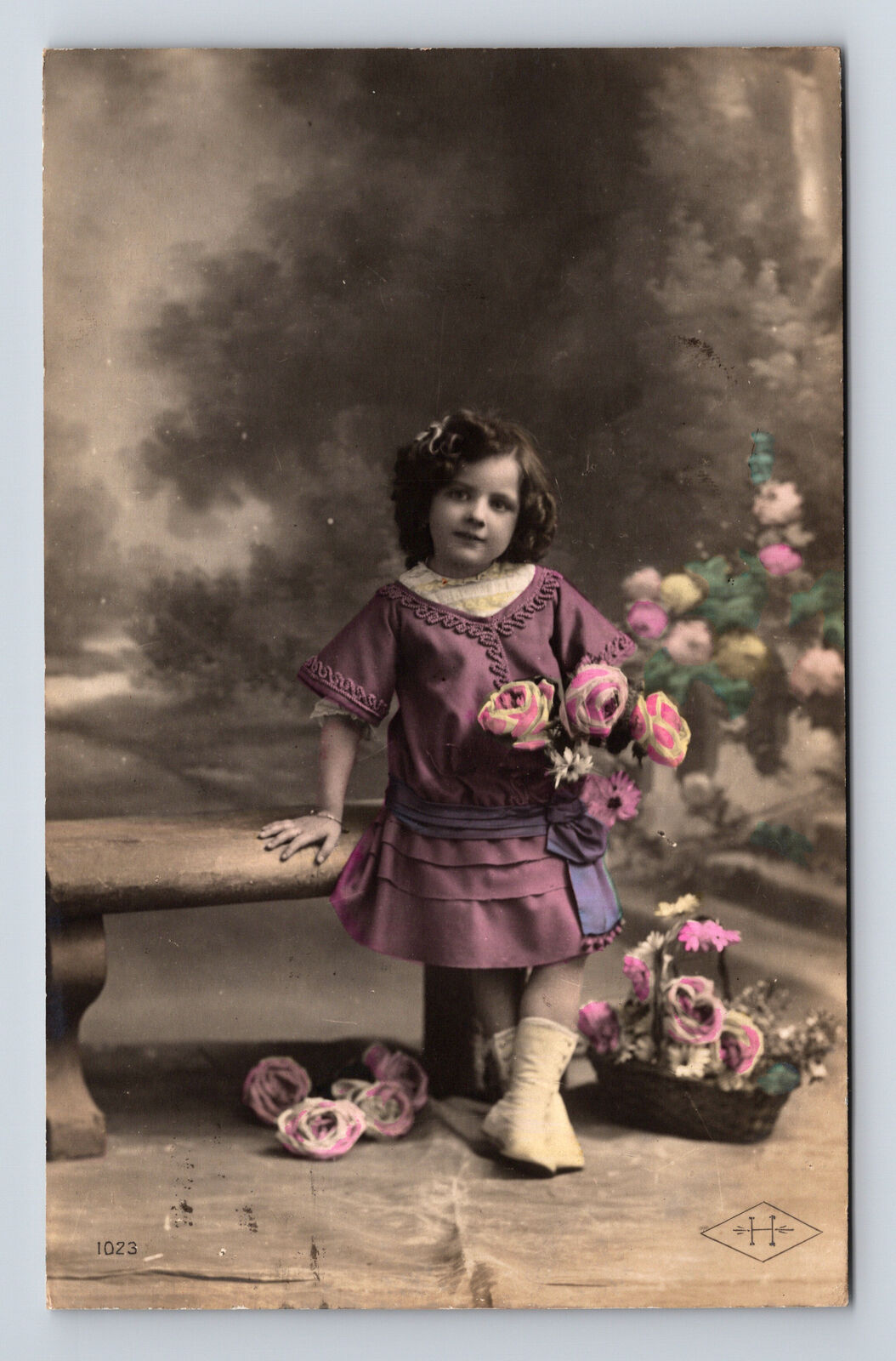 RPPC Hand Colored Studio Portrait of Young Flower Girl Real Photo Postcard