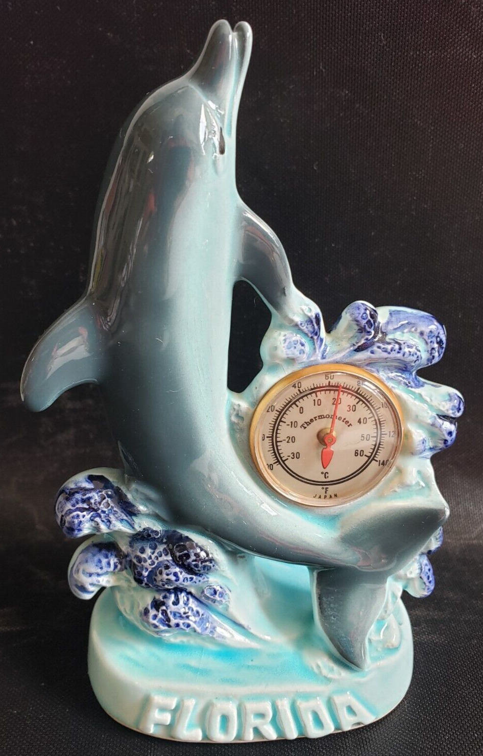 Vintage Florida Souvenir Ceramic Blue Dolphin Figurine with Working Thermometer 