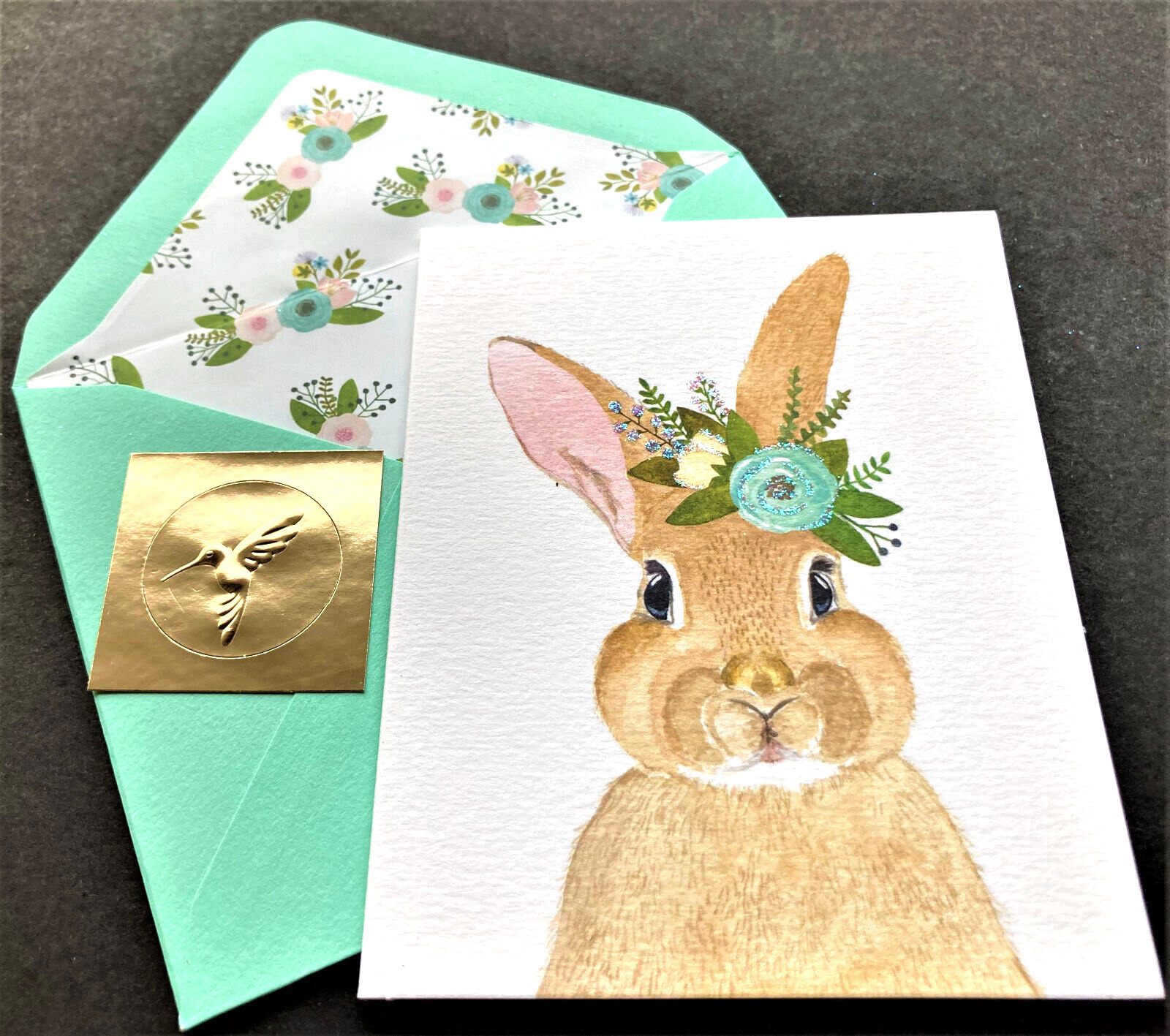 *ONE* Papyrus SMALL Rabbit Note Card Blank Hummingbird Seal Flower Crown Glitter
