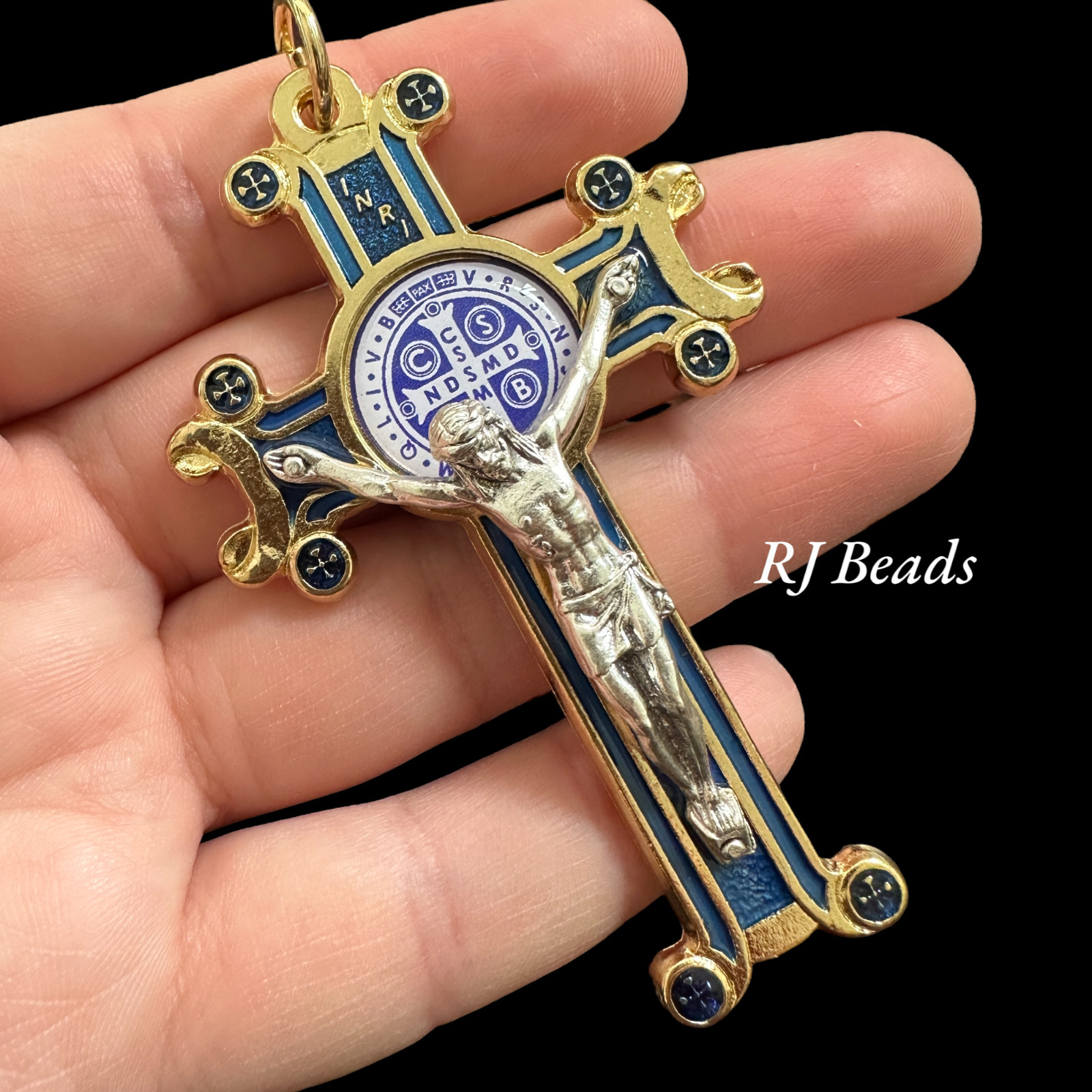 Large 3 inch St Benedict Crucifix Pendant Gold Blue Enamel Cross Charm Necklace