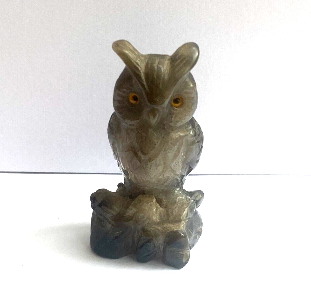 Antique Magnificent Hand Curved Agate Crystal Healing Owl Sculpture