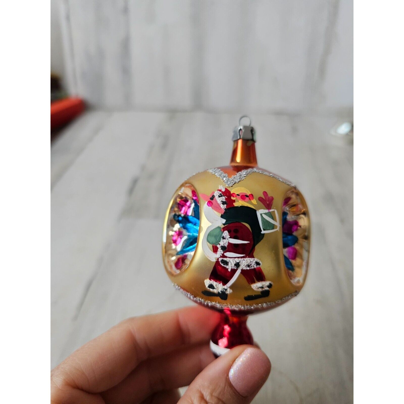 Vintage Poland Santa toys in dent reflector Gold teardrop ornament mercury axis