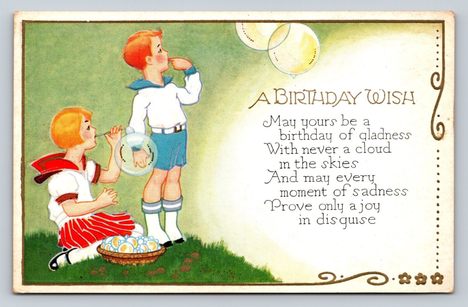 A Birthday Wish Children Filling Balloons Embossed VINTAGE Postcard