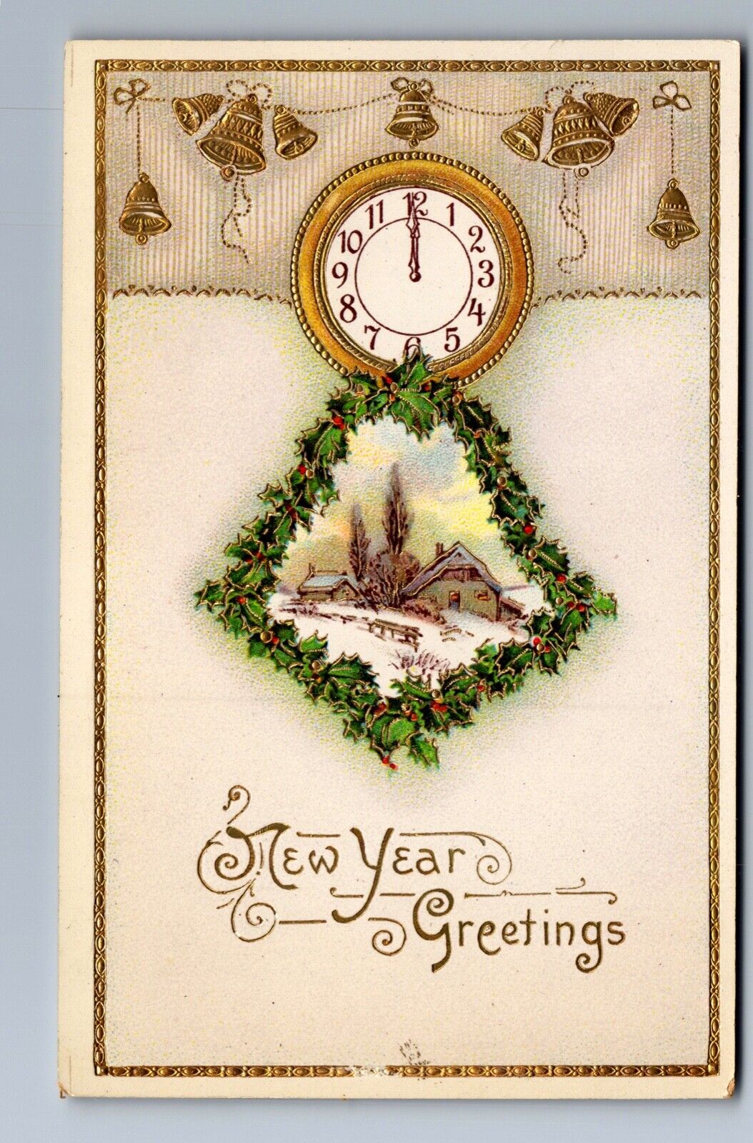 C.1910 GOLDEN CLOCK, BELLS, WREATH GILT NEW YEAR\'S Postcard P13