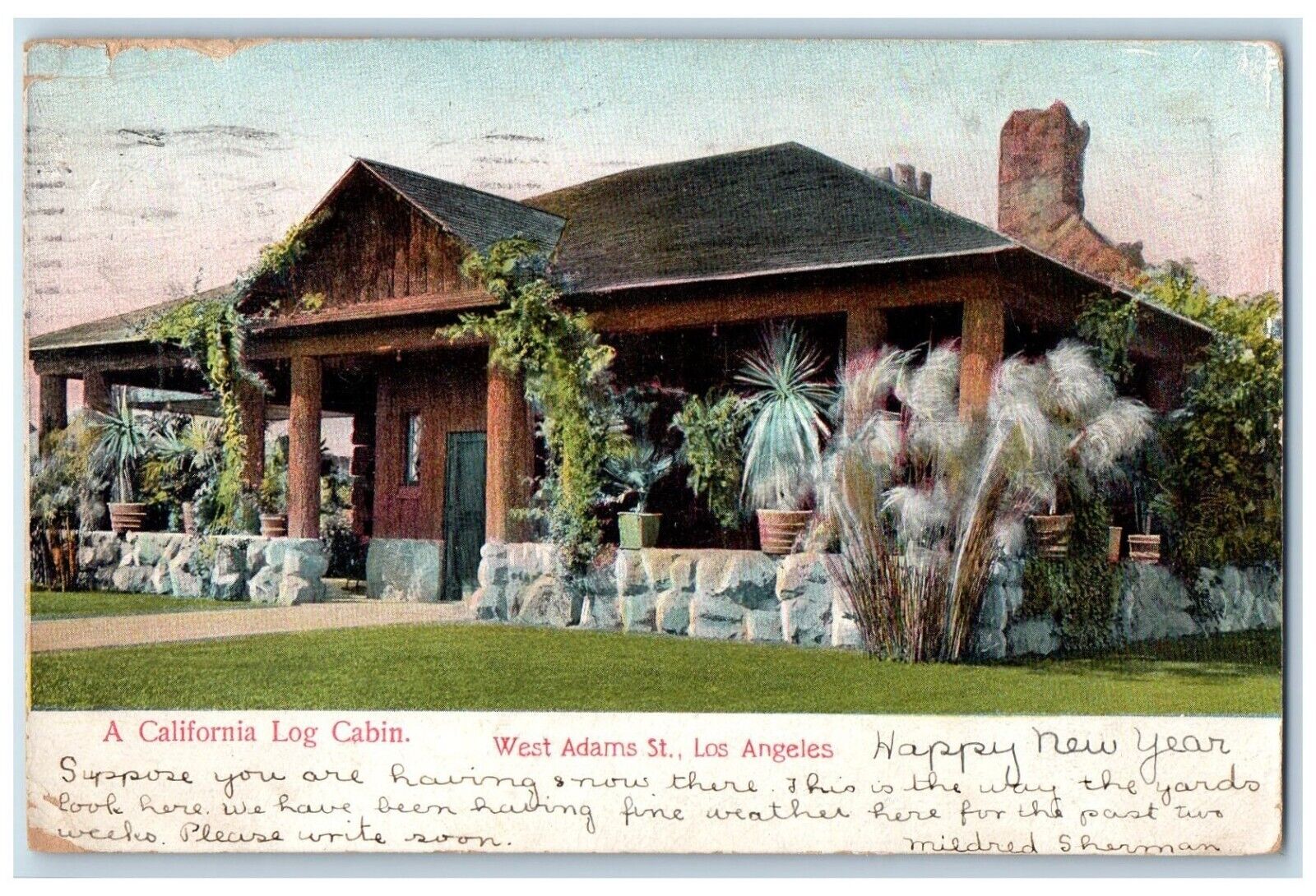 1906 California Log Cabin West Adams St. Los Angeles California Vintage Postcard