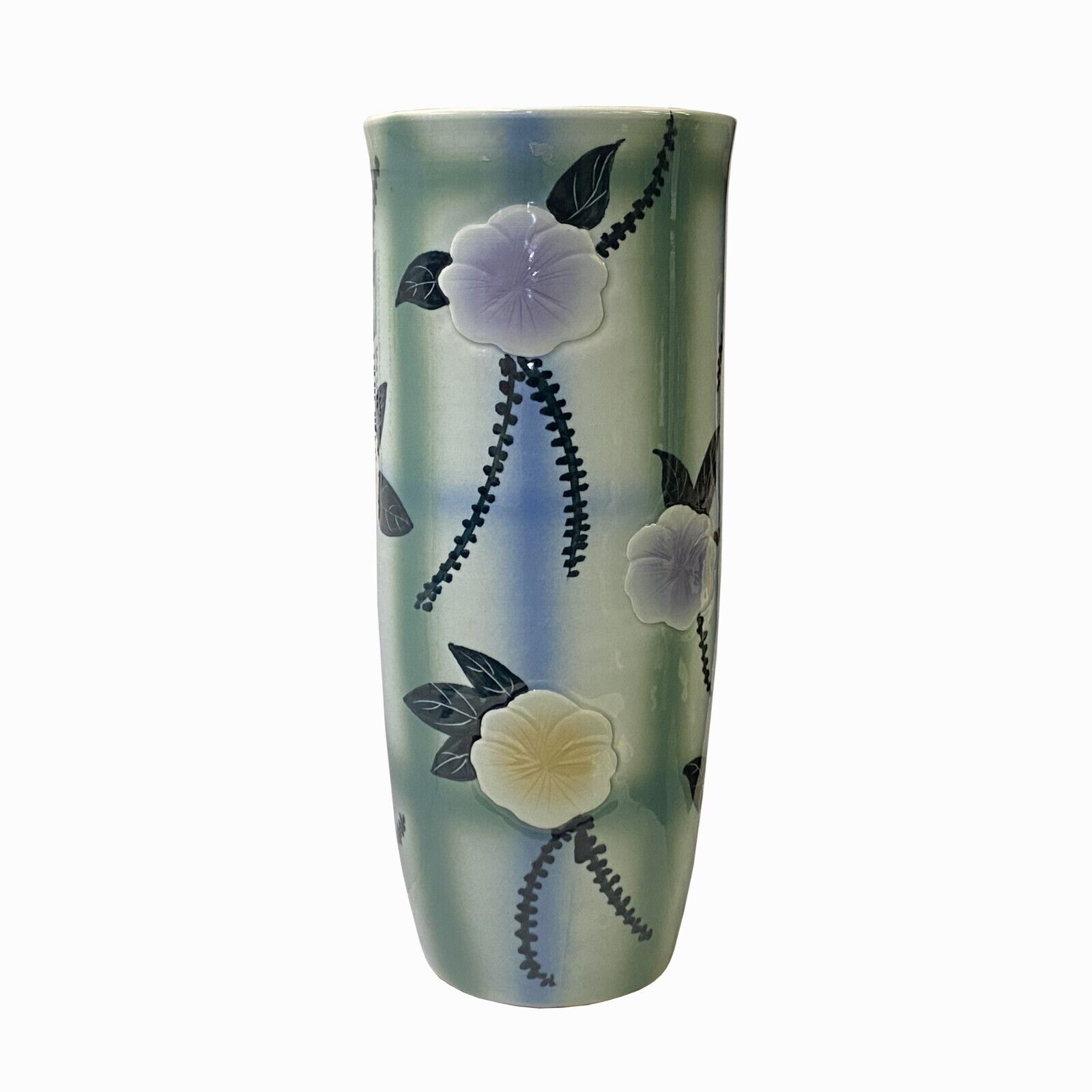 Artistic Flower Blue Green Checker Cross Porcelain Tall Slim Round Vase ws3513