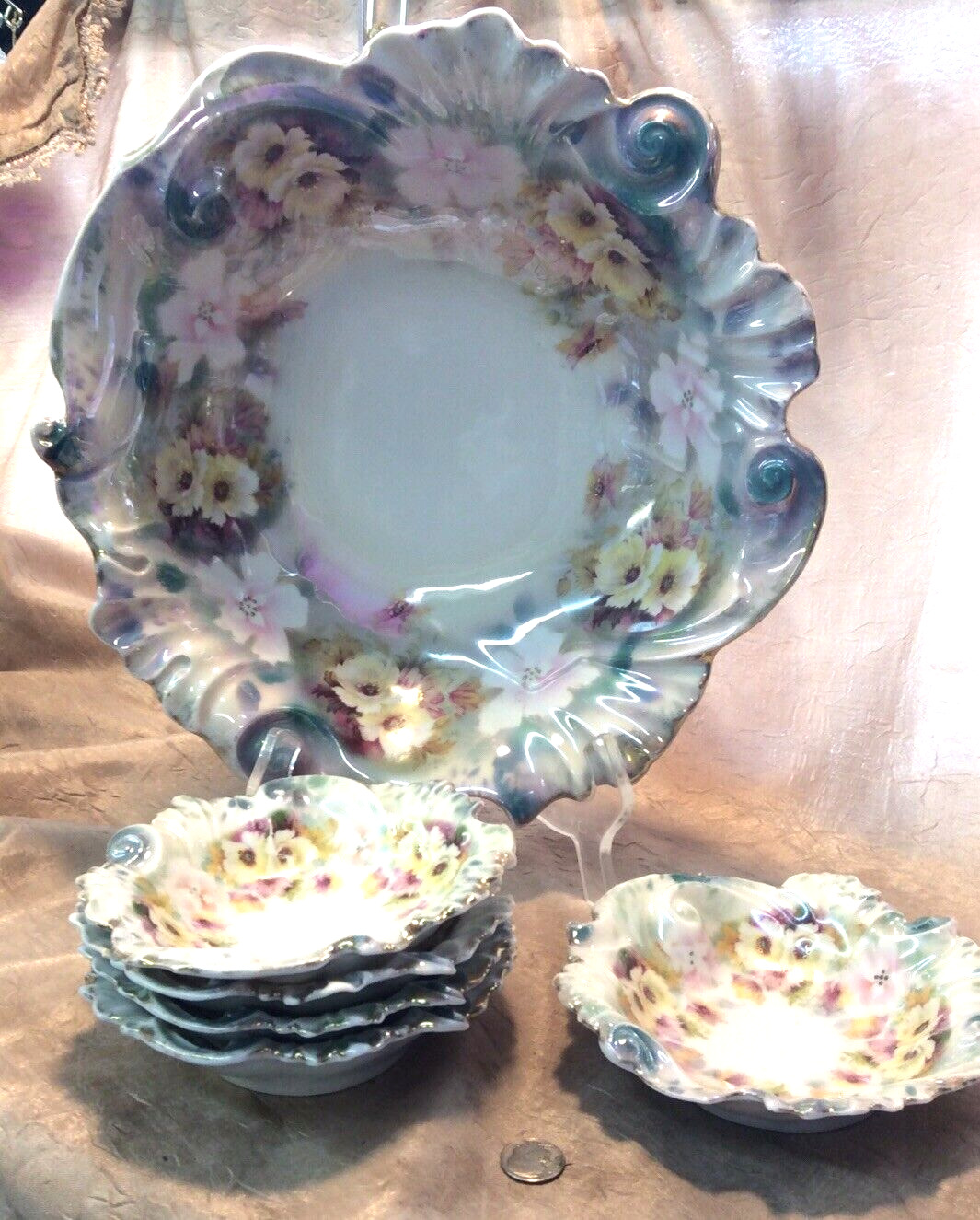Vintage Antique Prussian Hand Painted Floral  Serving Bowl & 5 Matching Bowls Rb