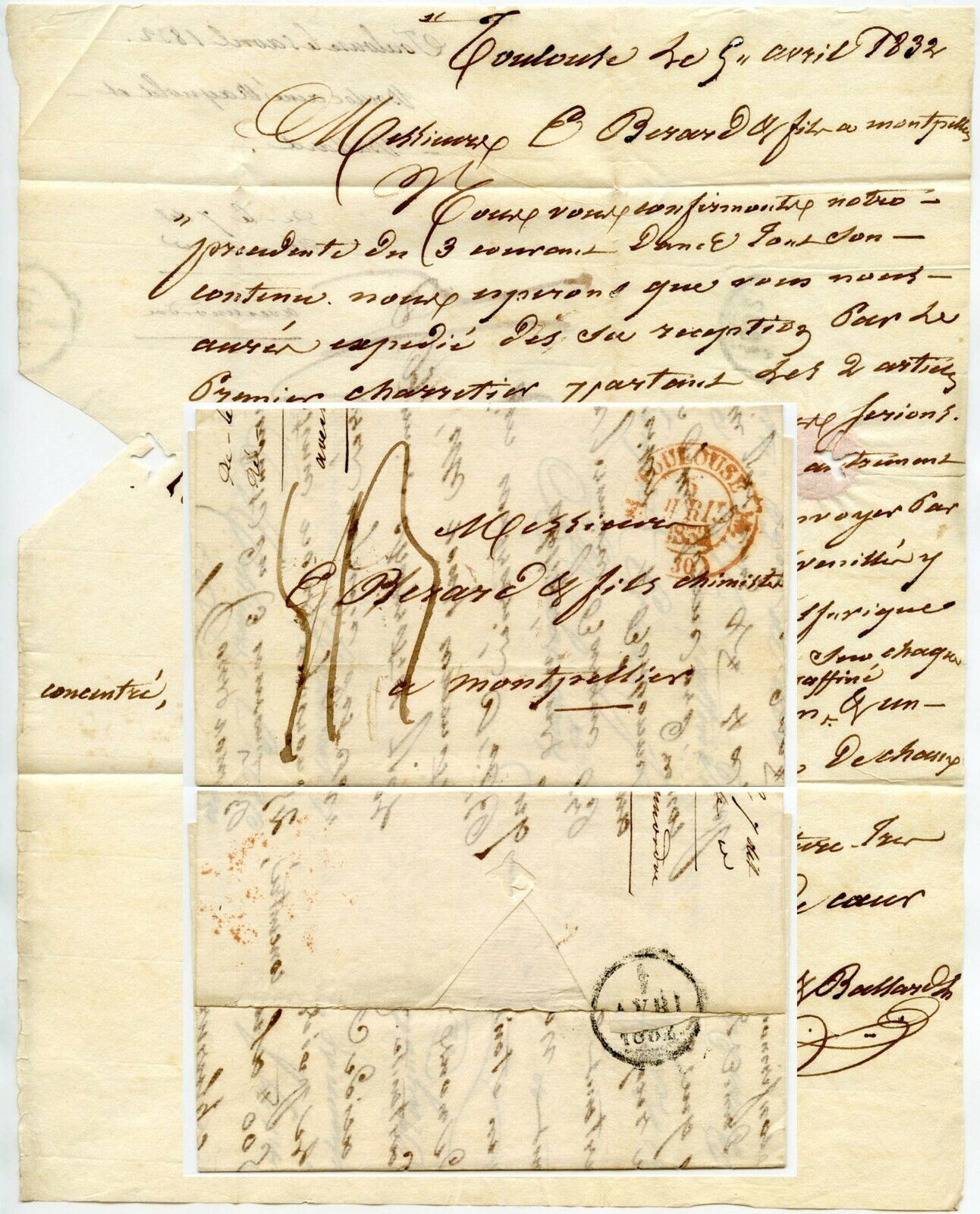 FRANCE 1832 FLEURONS TYPE POSTMARK TOULOUSE in RED LETTER to MONTPELLIER
