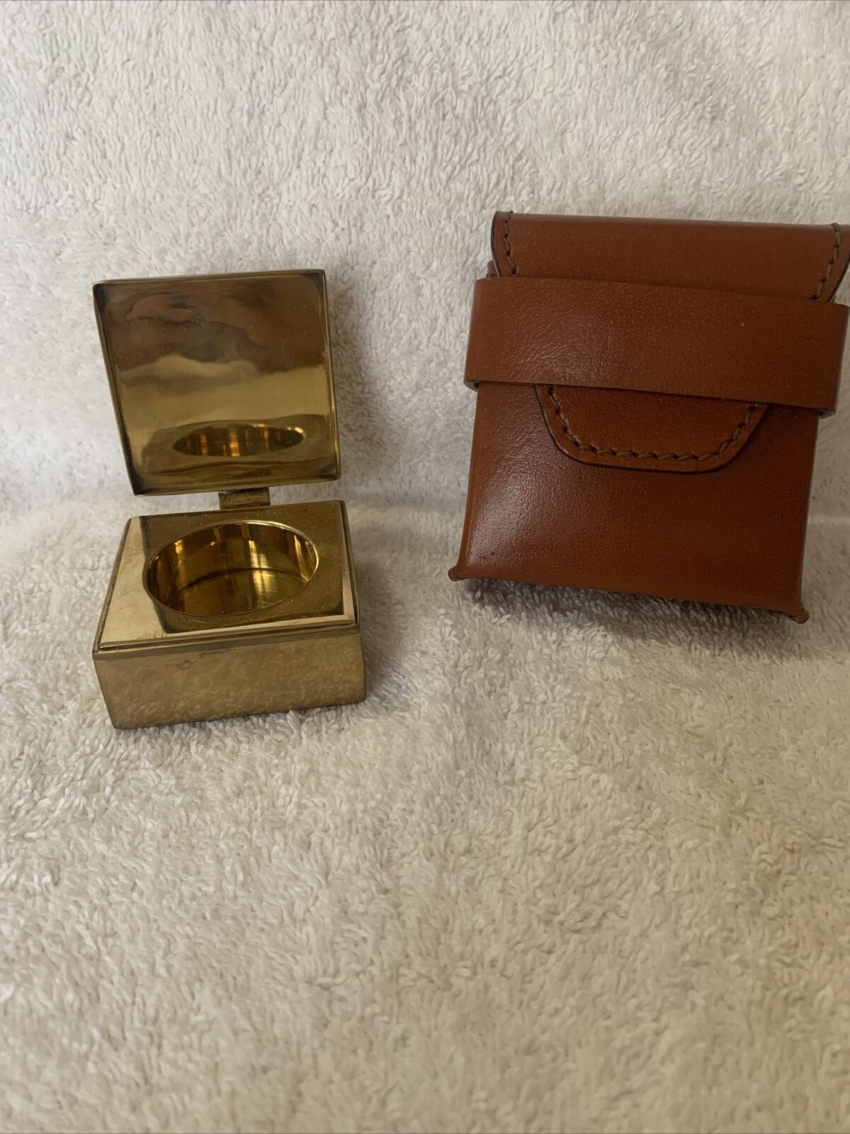 Ralph Lauren Gold Tone Trinket Box With Leather Case Pill Box