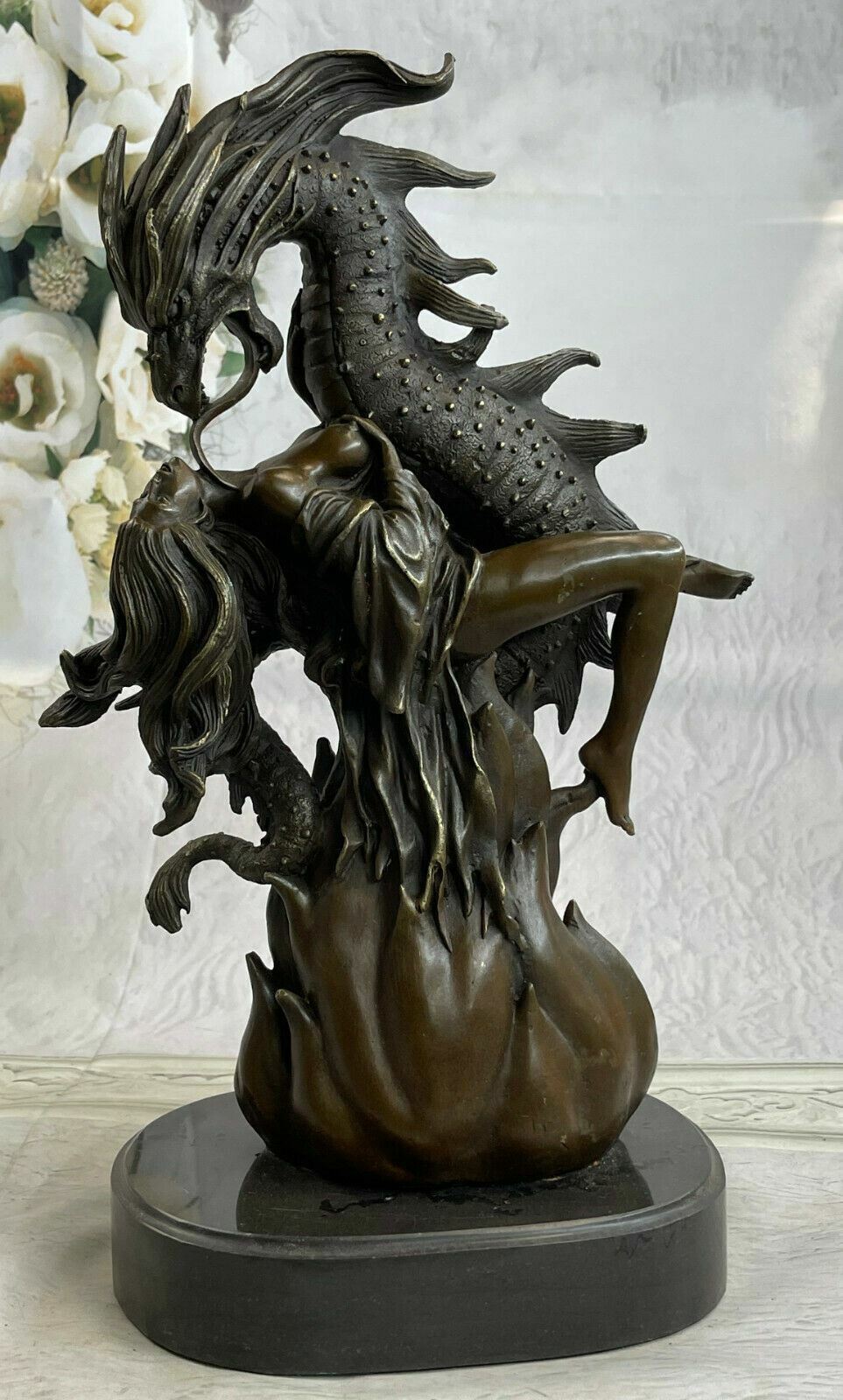 Bronze Sculpture Nude Girl Lady Nymph with Dragon Museum Quality Artwork Sale NR