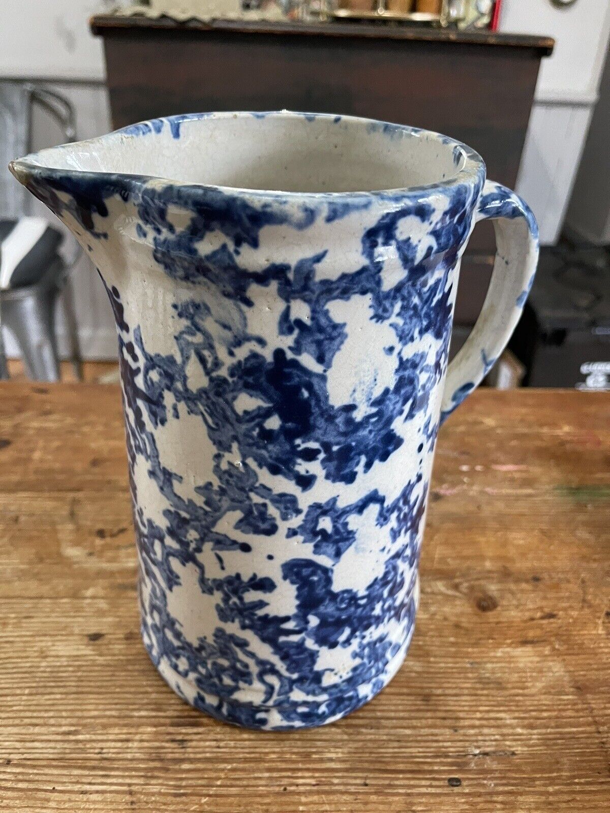 Antique Spongeware Pitcher With Strong Blue and White Color