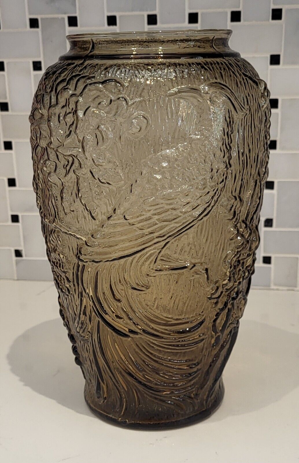 RARE Fenton Gray Tawny Depression Glass Bird of Paradise Vase Embossed Tropical 