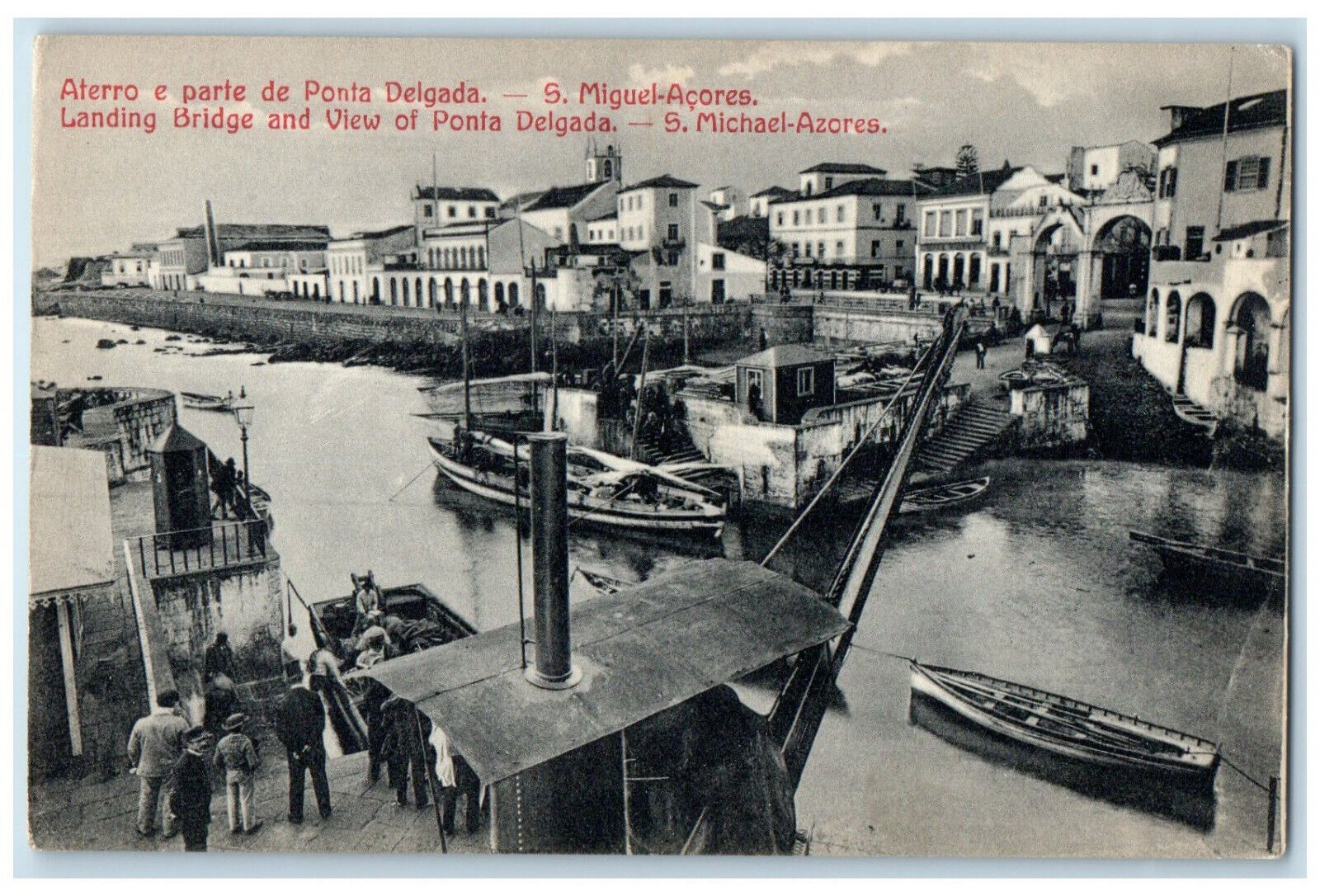 c1910 Landing Bridge and View Ponta Delgada S Miguel-Azores Portugal Postcard
