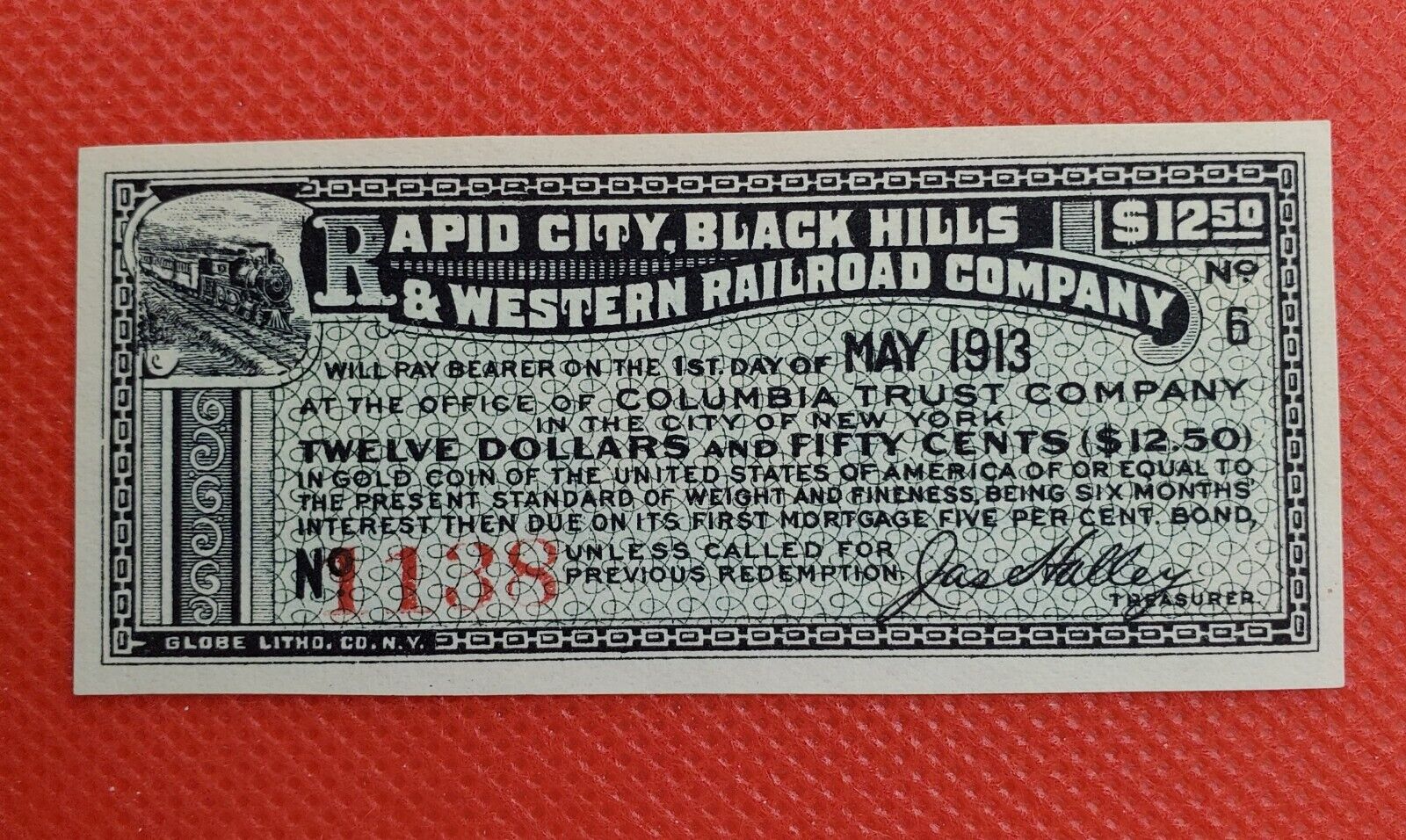 1913 $12.50 Rapid City Black Hills & Western Railroad Company Redeemable in GOLD
