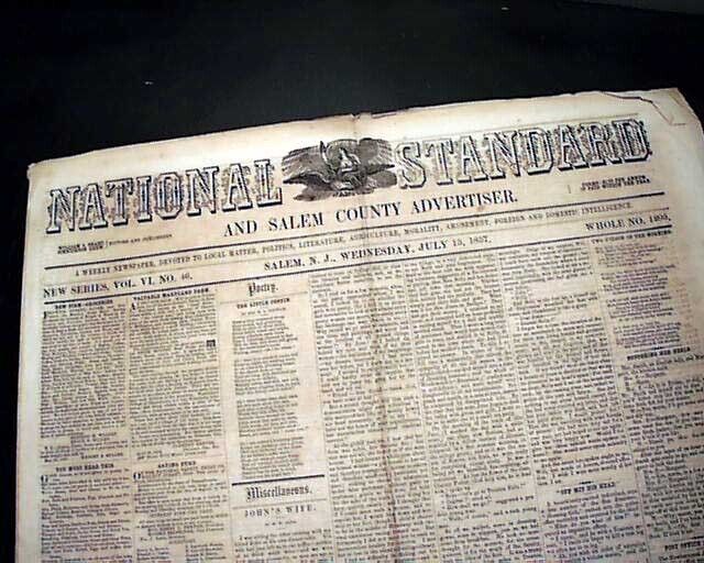 Rare SALEM NJ New Jersey Pre Civil War w/ Nice Decorative Masthead1857 Newspaper