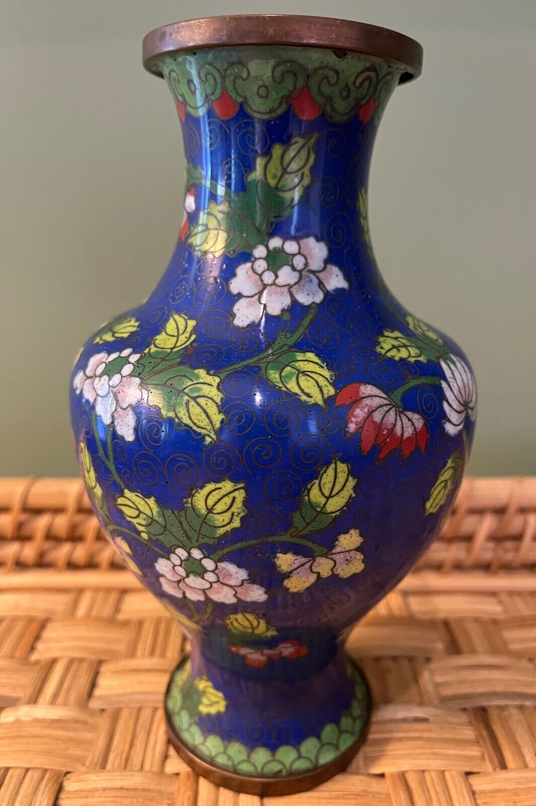 VTG Late 1920s Chinese Brass Blue Floral and Leaf Motif  Cloisonne Baluster Vase