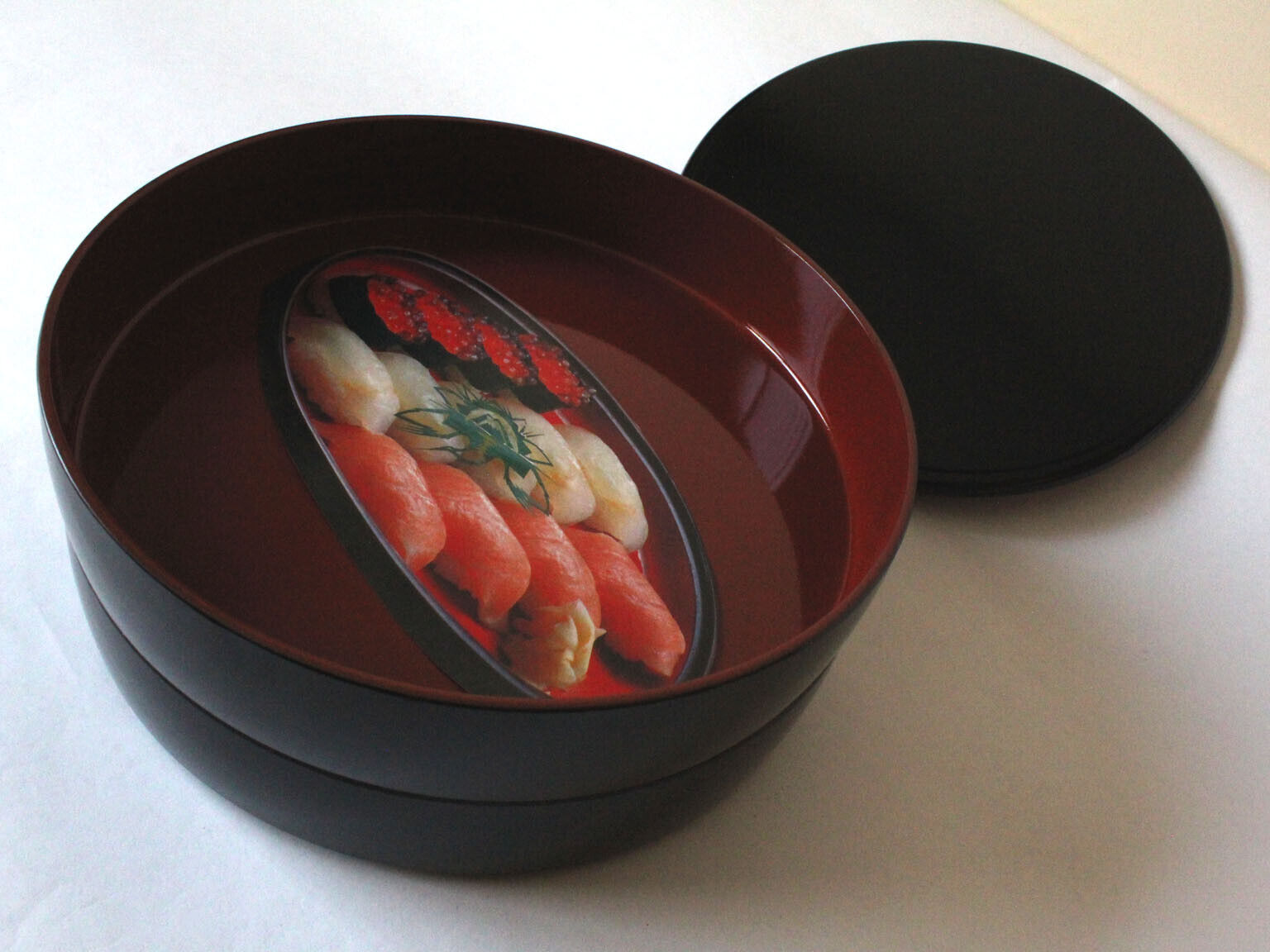 Japanese Sushi Server Stacking 3-Piece Black Lacquer Finish Round Japan New Box