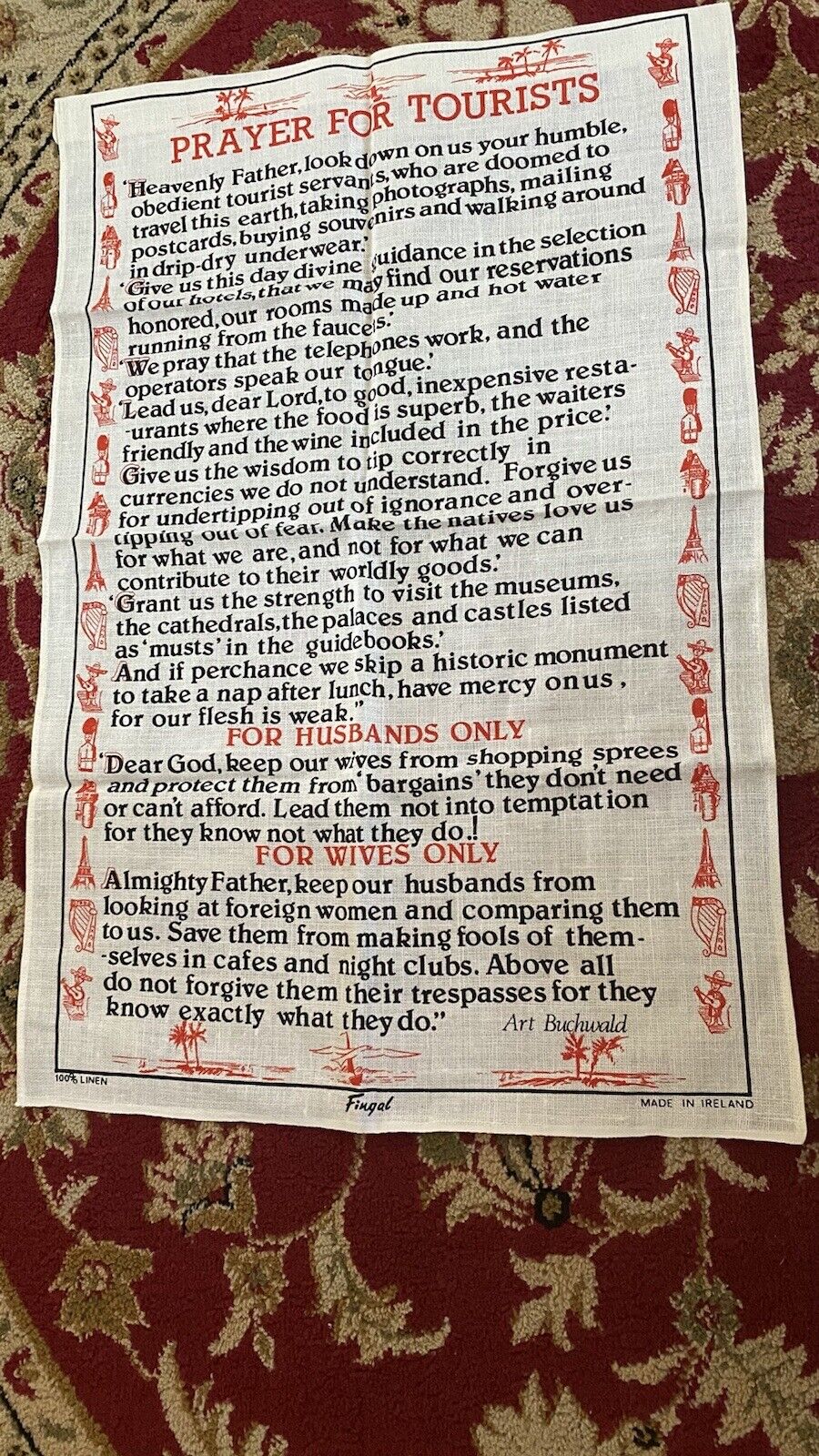 Vintage Fingal Prayer For Tourists Linen Towel, ART BUCHWALD