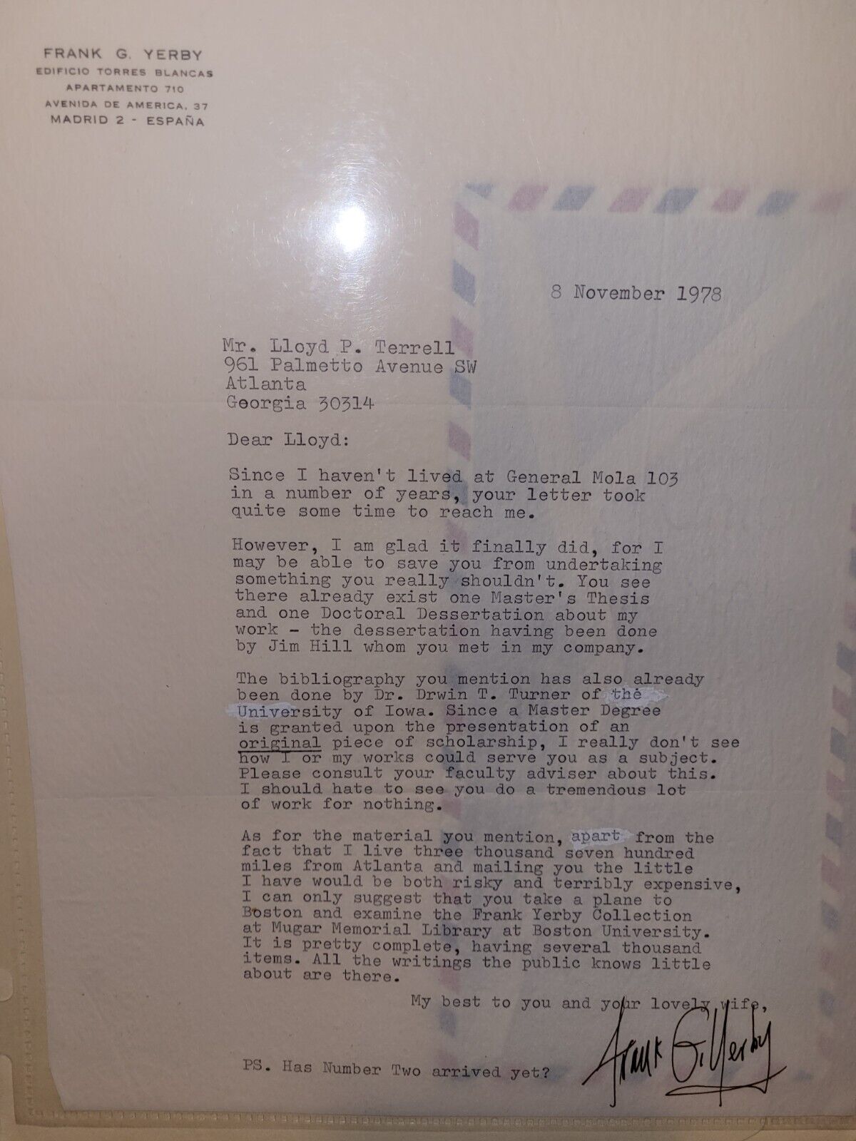 Super RARE 1978 Frank Yerby Signed Letter