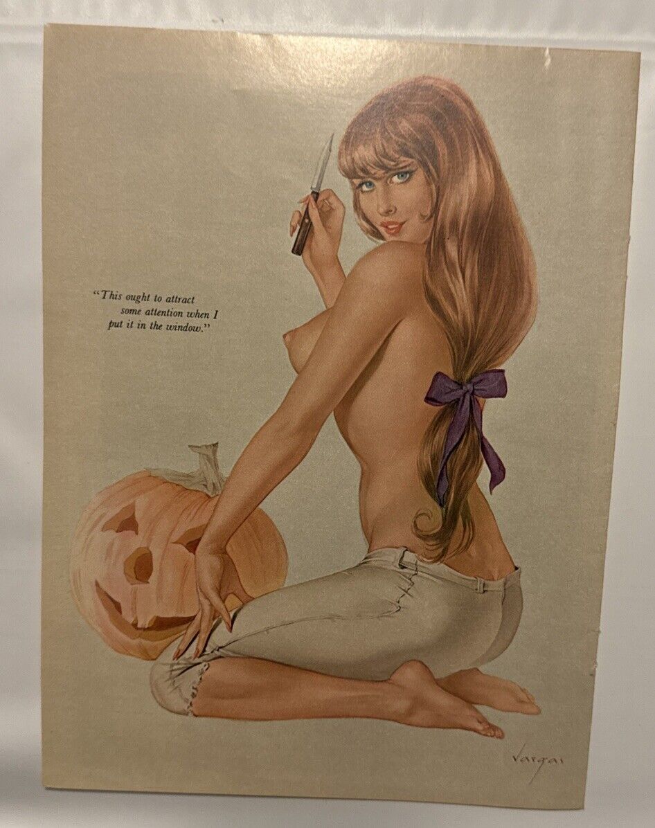 VARGAS GIRL Pin-Up Art Oct 1964 Playboy Print Long Hair Brunette Carving Pumpkin