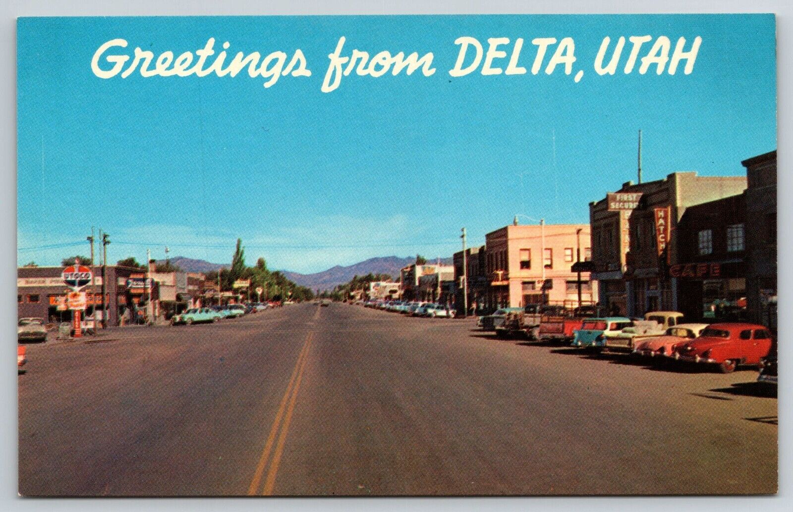 Greetings, Delta, Utah, Utoco Gas Station, 1940s 50s Cars Postcard S31410