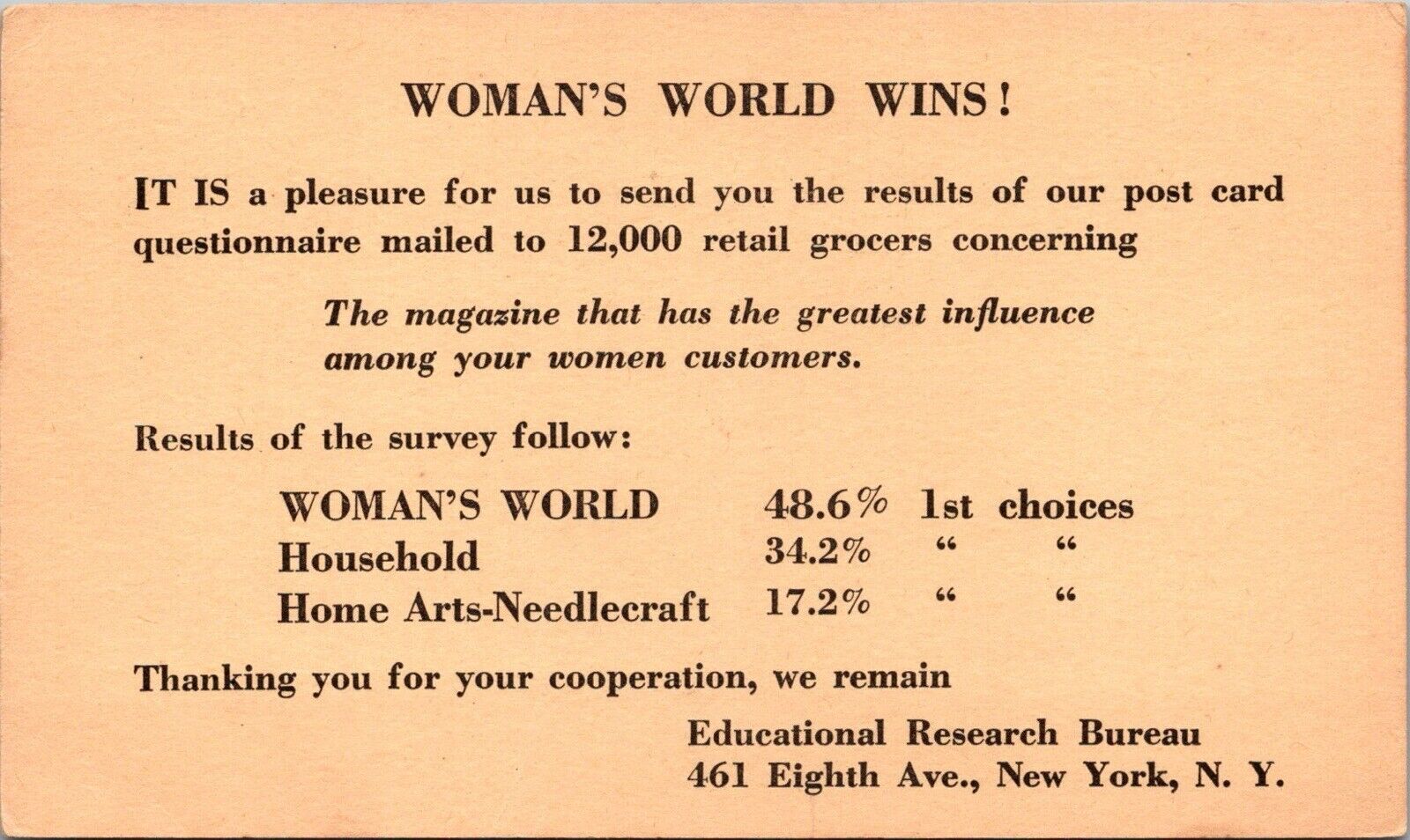 1936 Postal Card Research Bureau Grocers Questionnaire Woman’s World Mag NY T39