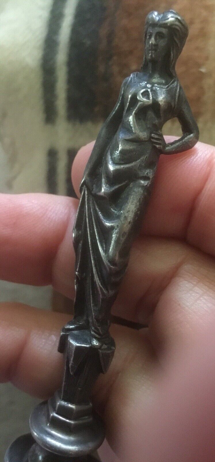 19TH ANTIQUE FRENCH EMPIRE STERLING SILVER WAX SEAL STAMP  Figural Woman 1880